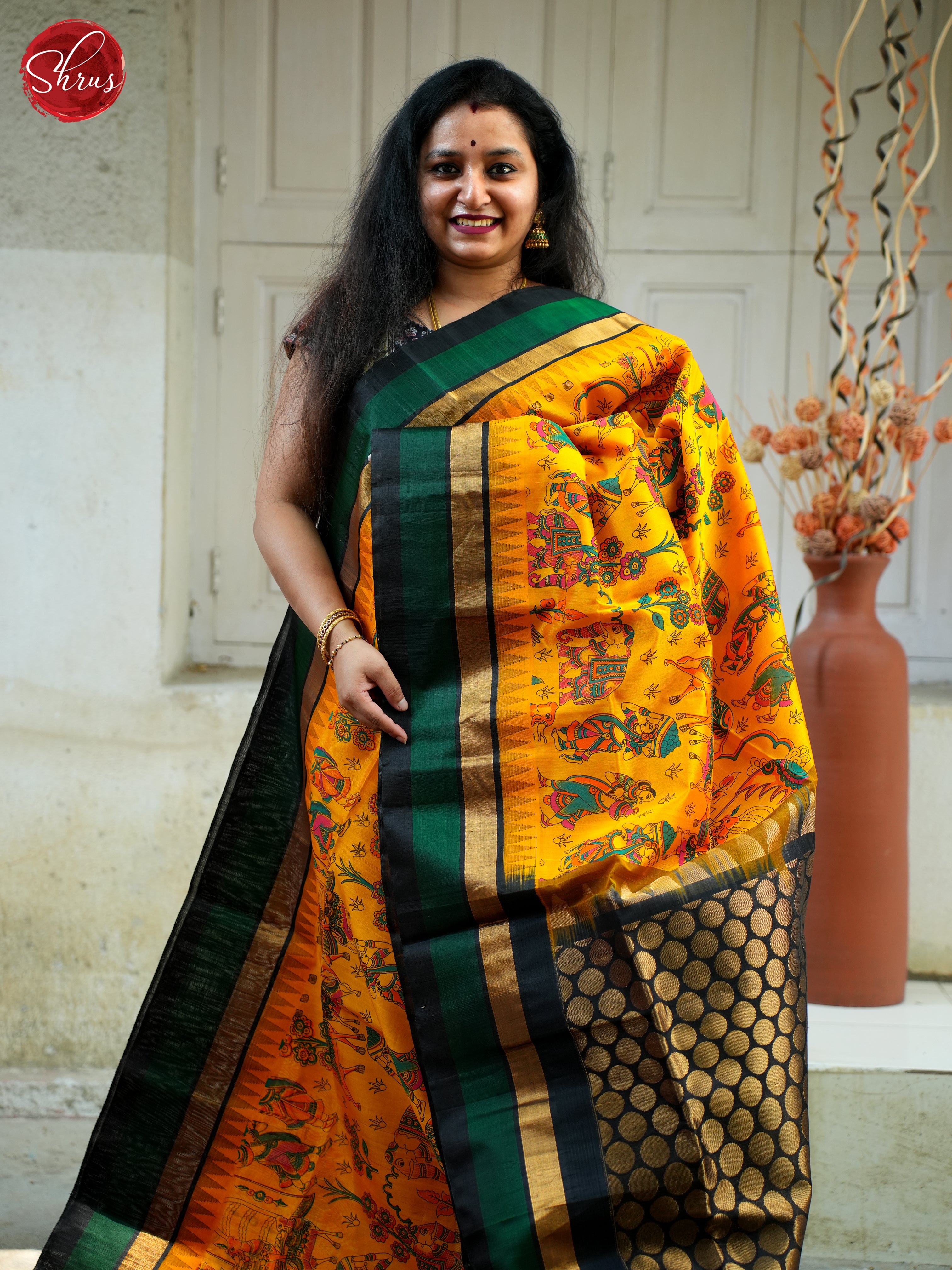 Yellow & Black - Silk Cotton Saree - Shop on ShrusEternity.com