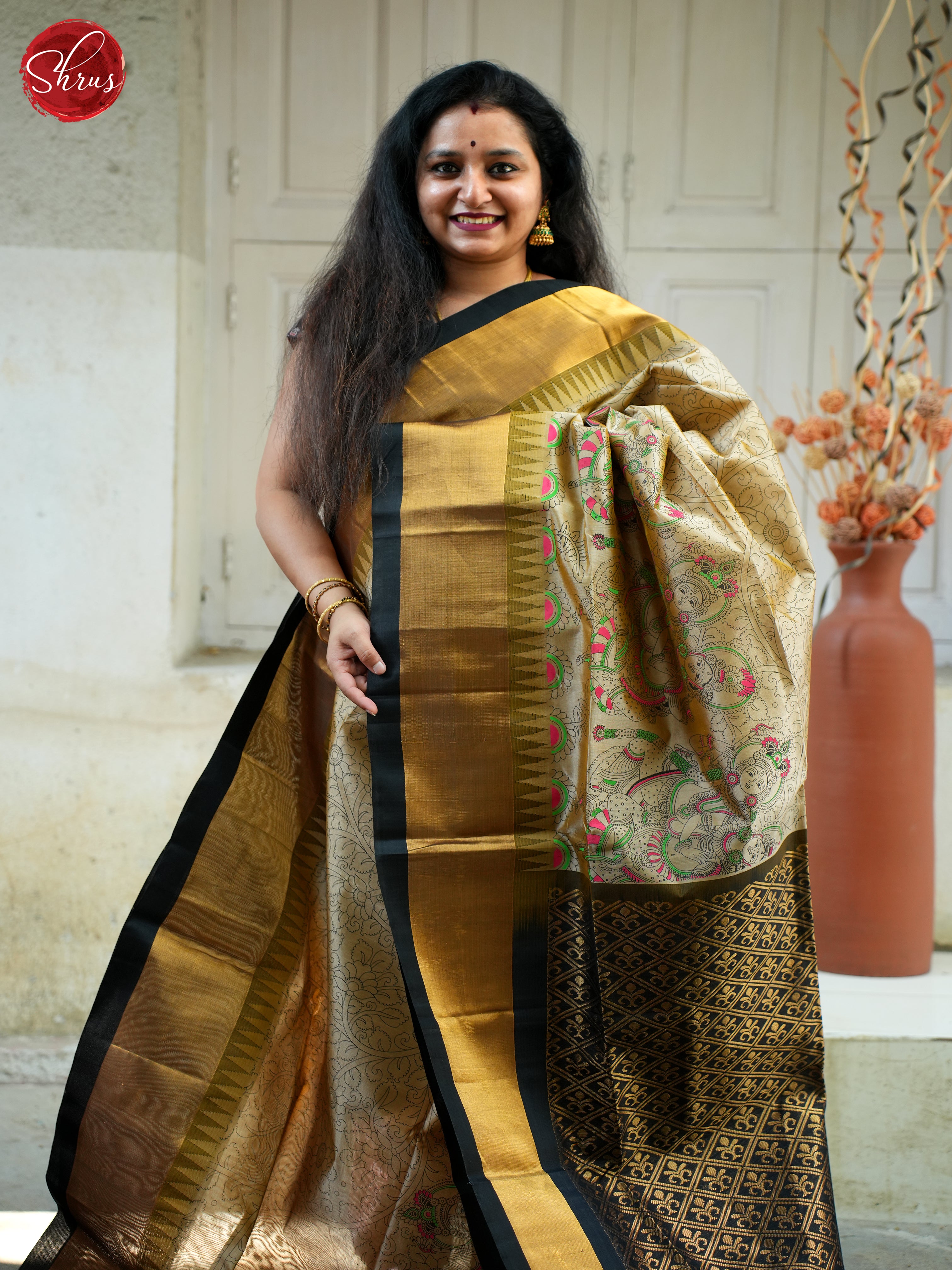 Beige & Black - Silk Cotton Saree - Shop on ShrusEternity.com