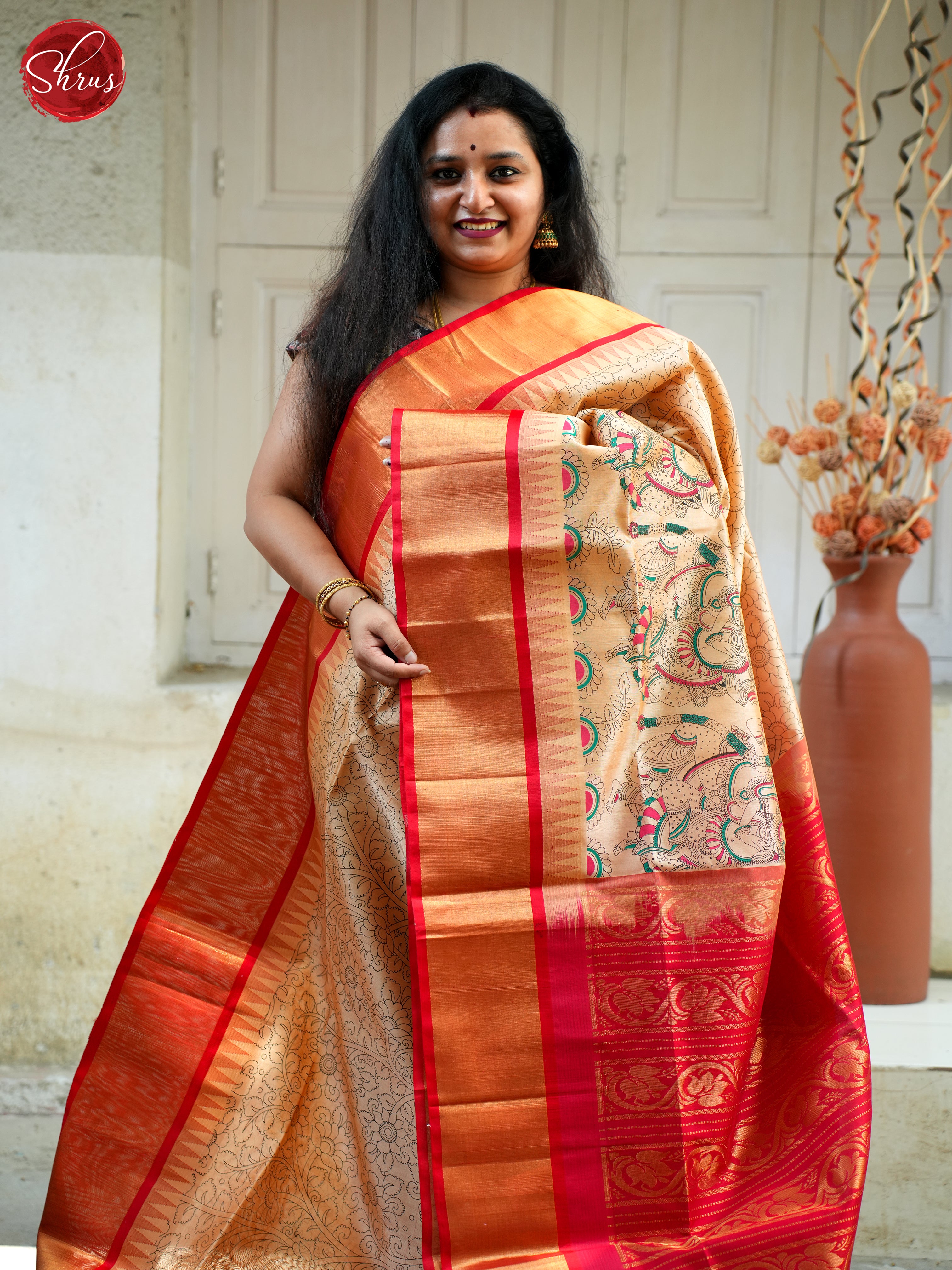 Peach & Red - Silk Cotton Saree - Shop on ShrusEternity.com