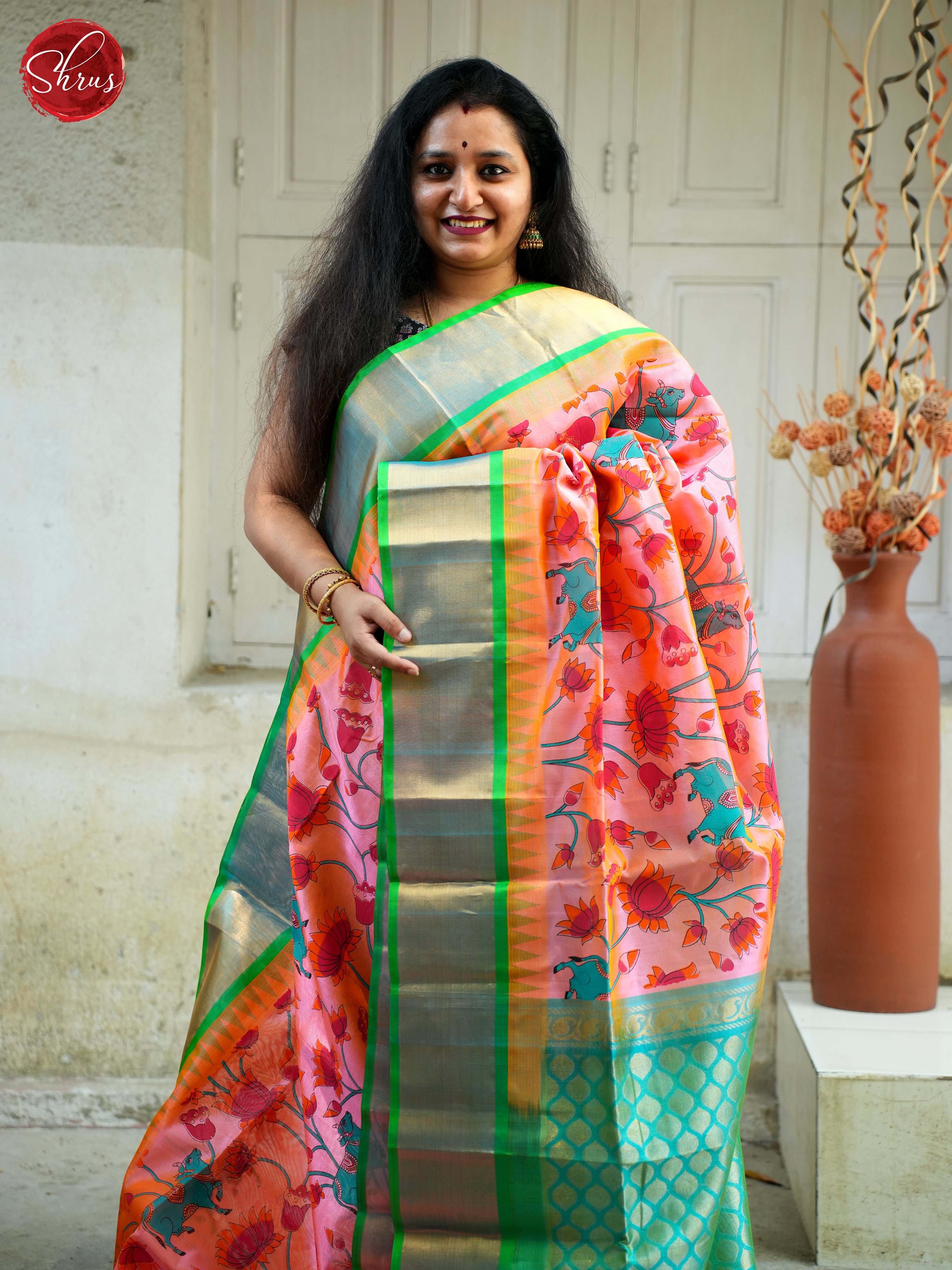 Pink & Green - Silk Cotton Saree - Shop on ShrusEternity.com
