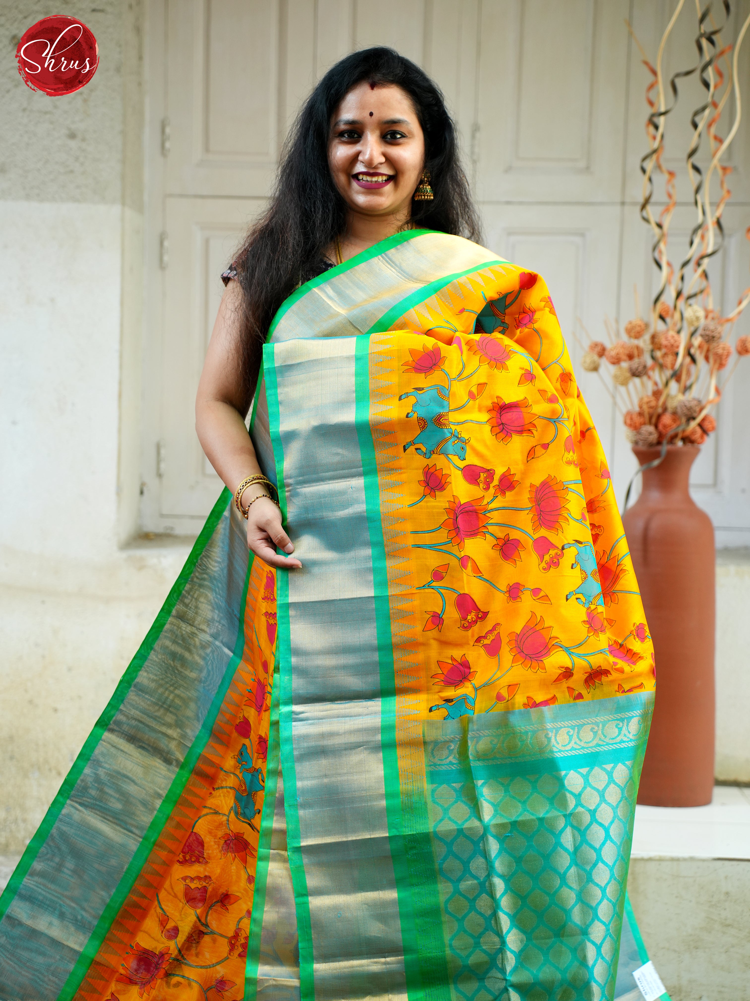 Yellow & Green - Silk Cotton Saree - Shop on ShrusEternity.com