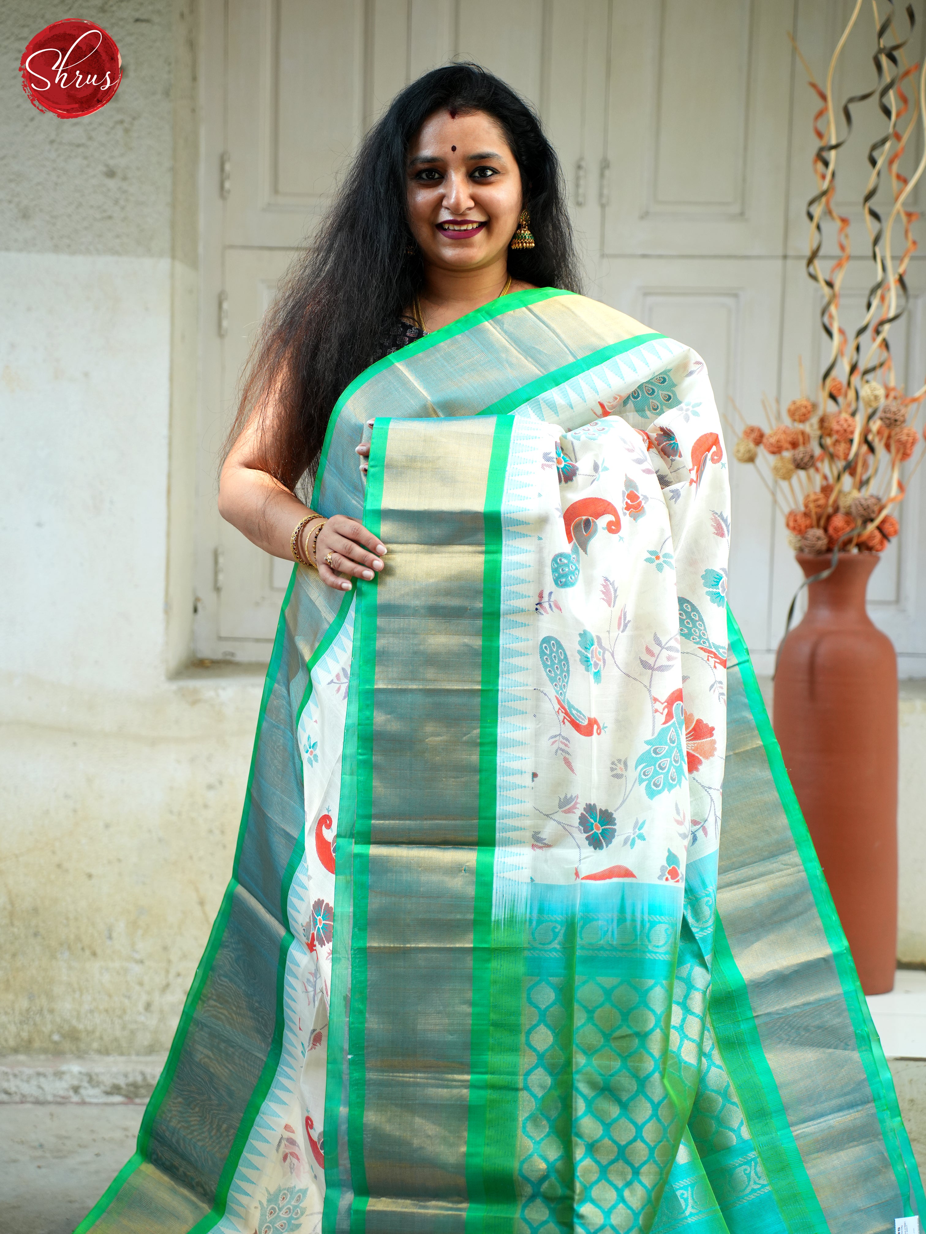 White & Green - Silk Cotton Saree - Shop on ShrusEternity.com