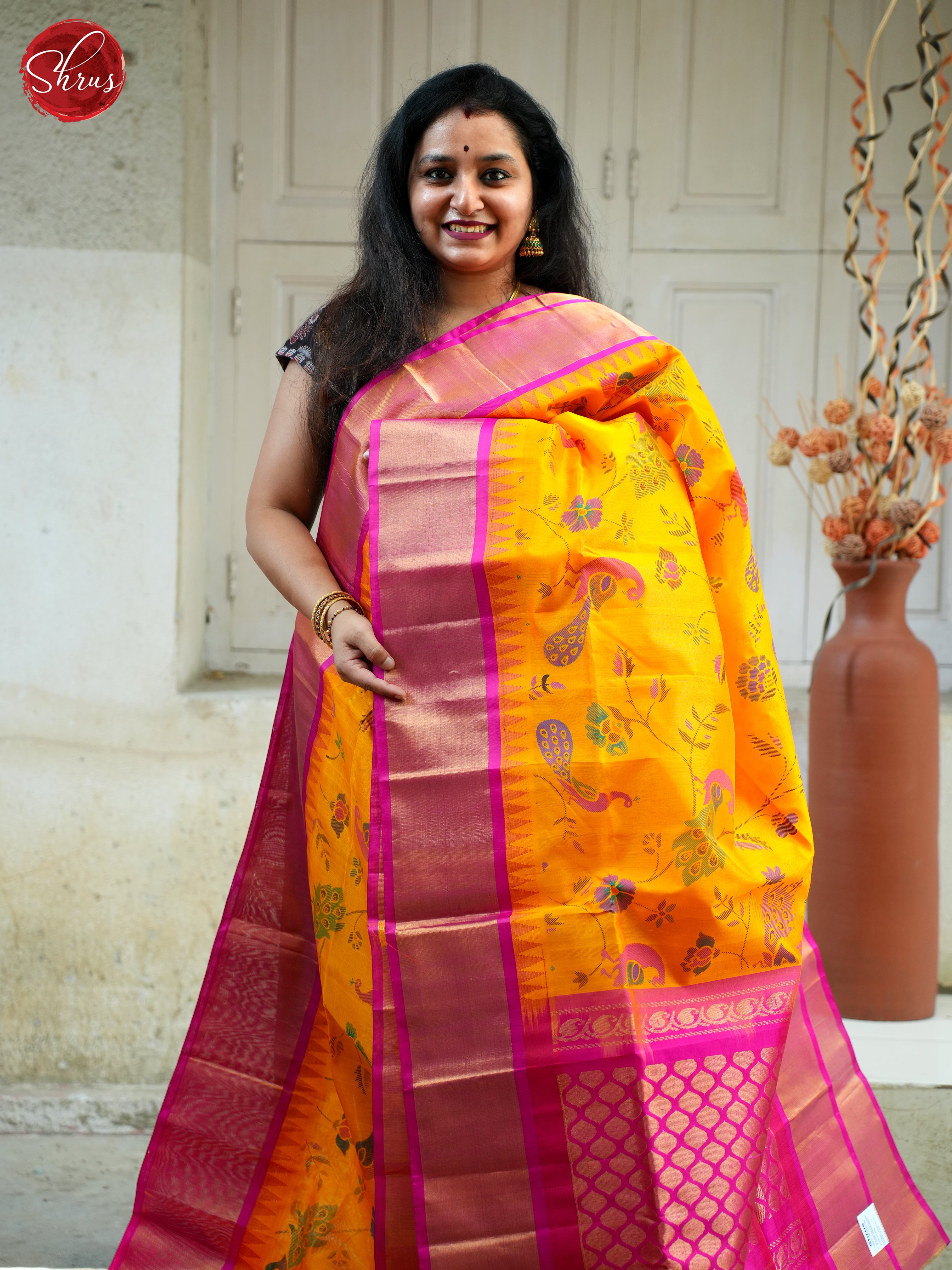 Yellow & Pink - Silk Cotton Saree - Shop on ShrusEternity.com
