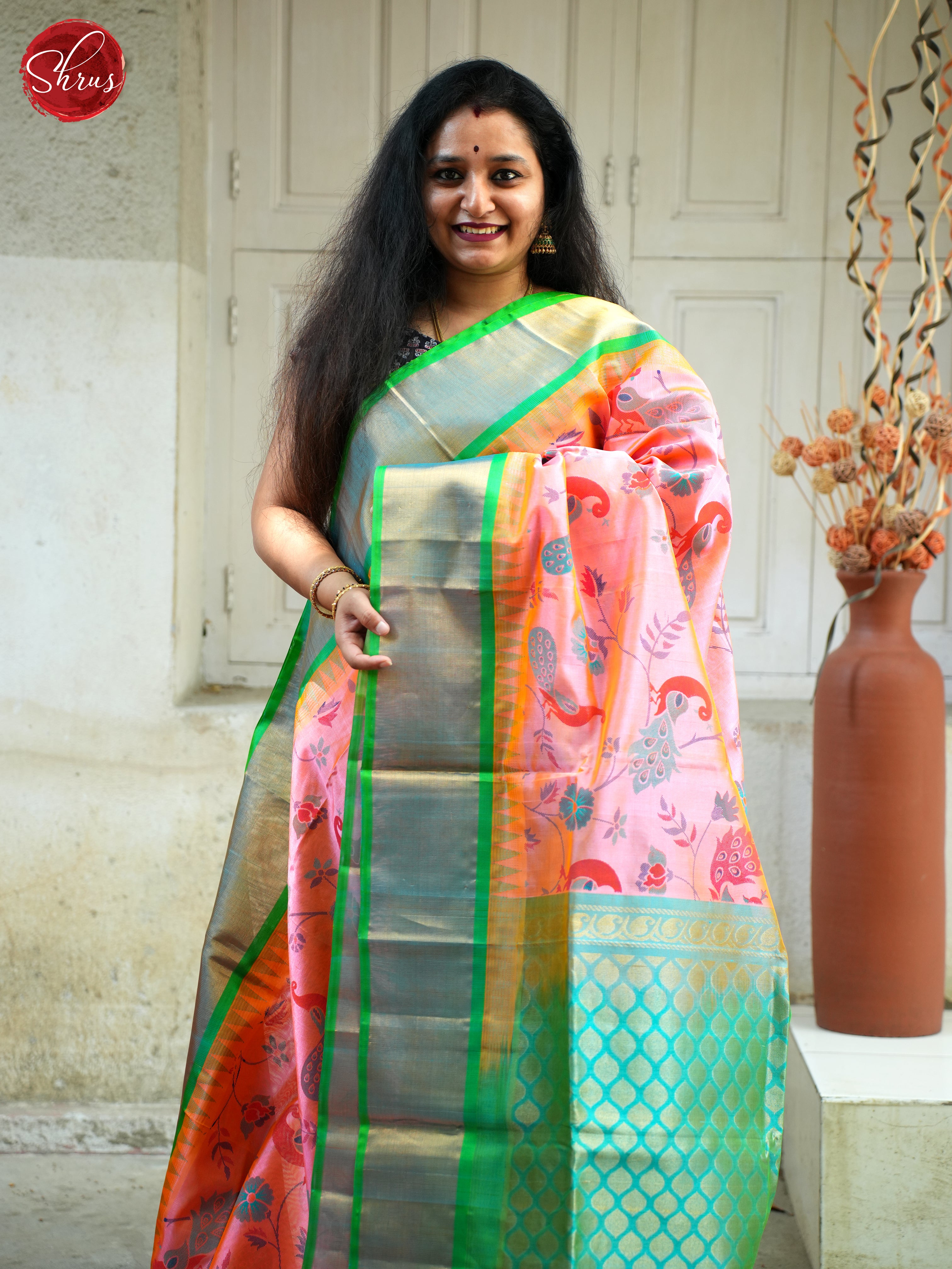 Pink & Green- Silk Cotton Saree - Shop on ShrusEternity.com