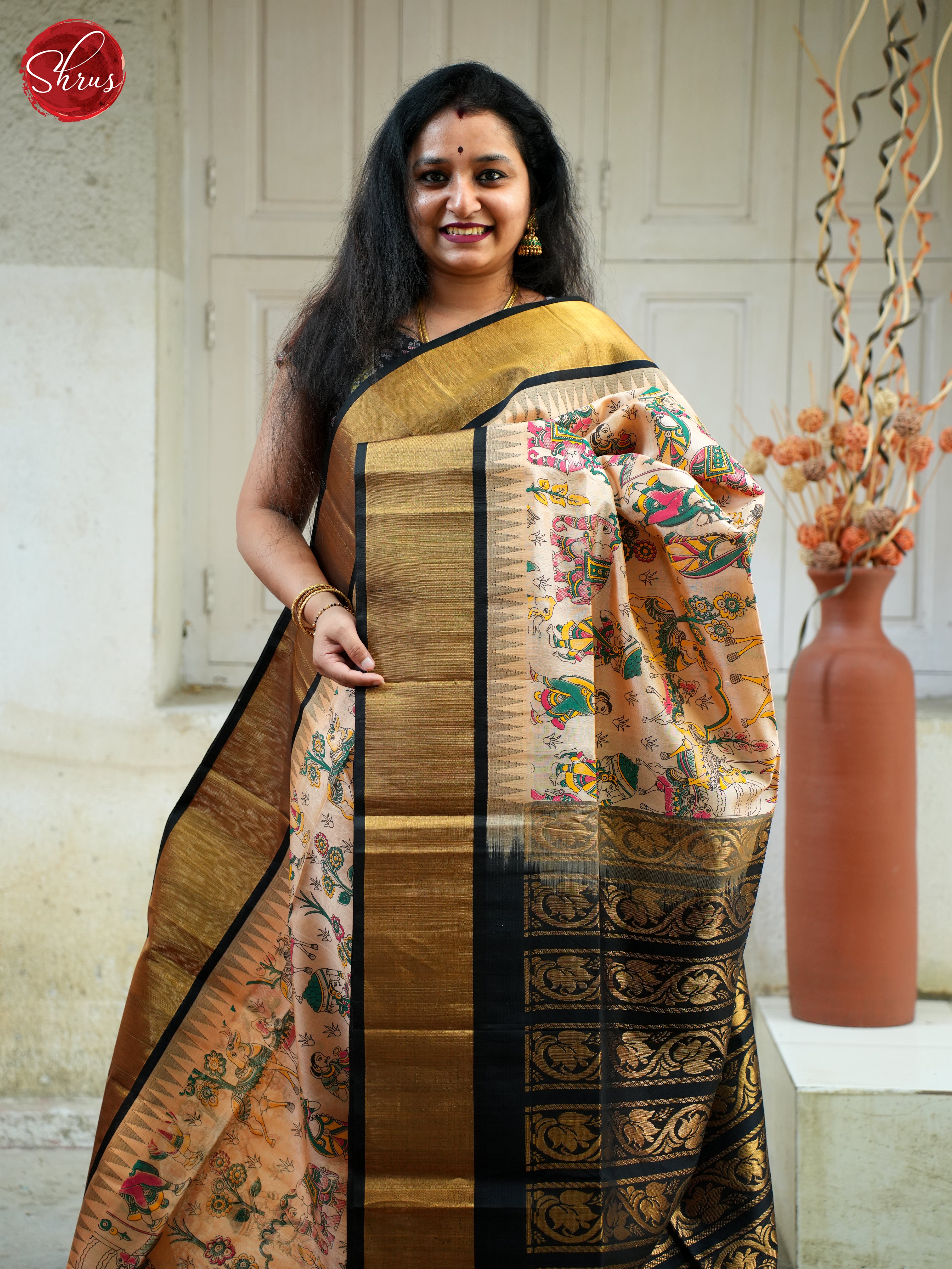 Peach & Black - Silk Cotton Saree - Shop on ShrusEternity.com