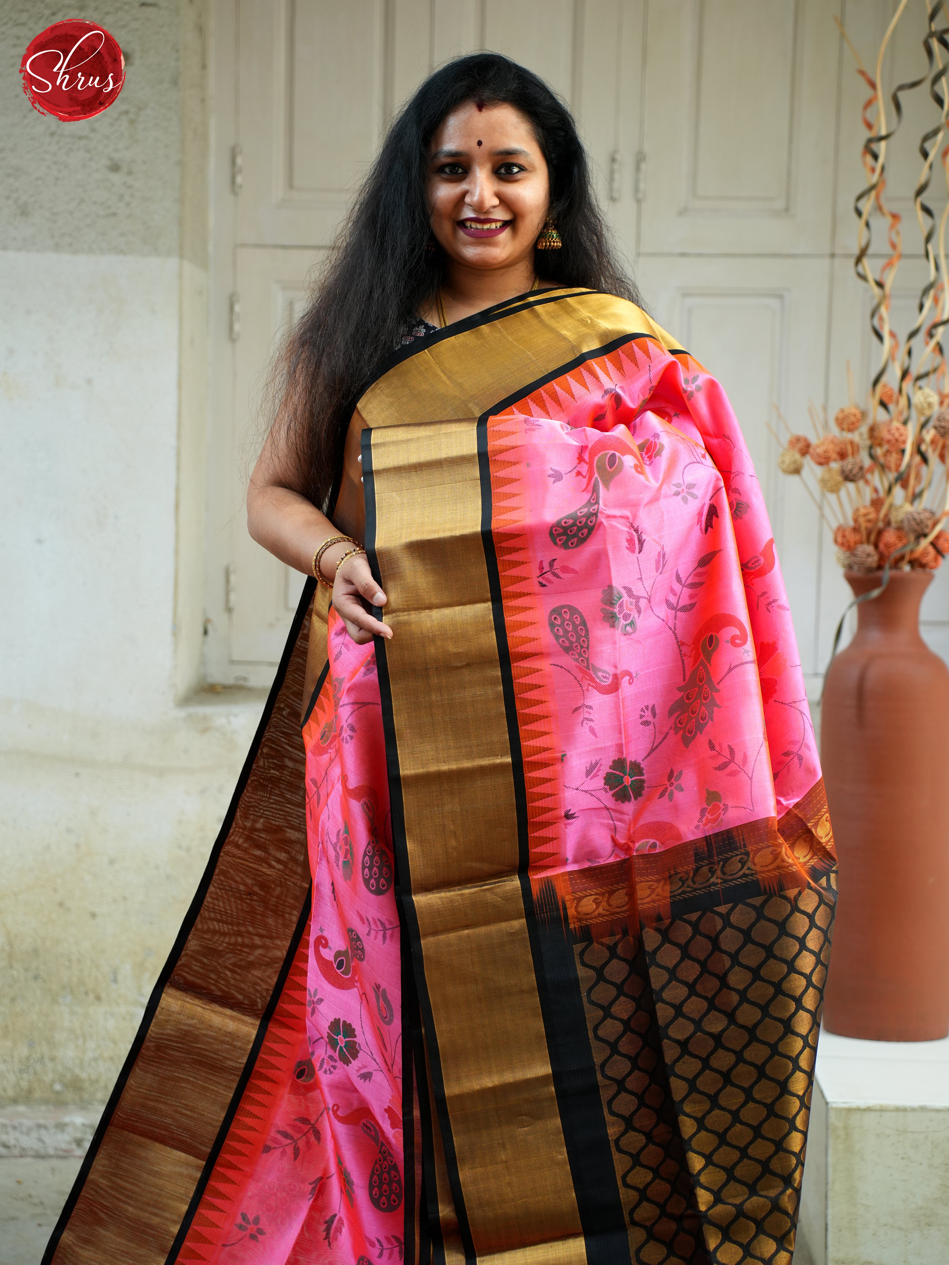 Pink & Black - Silk Cotton Saree - Shop on ShrusEternity.com
