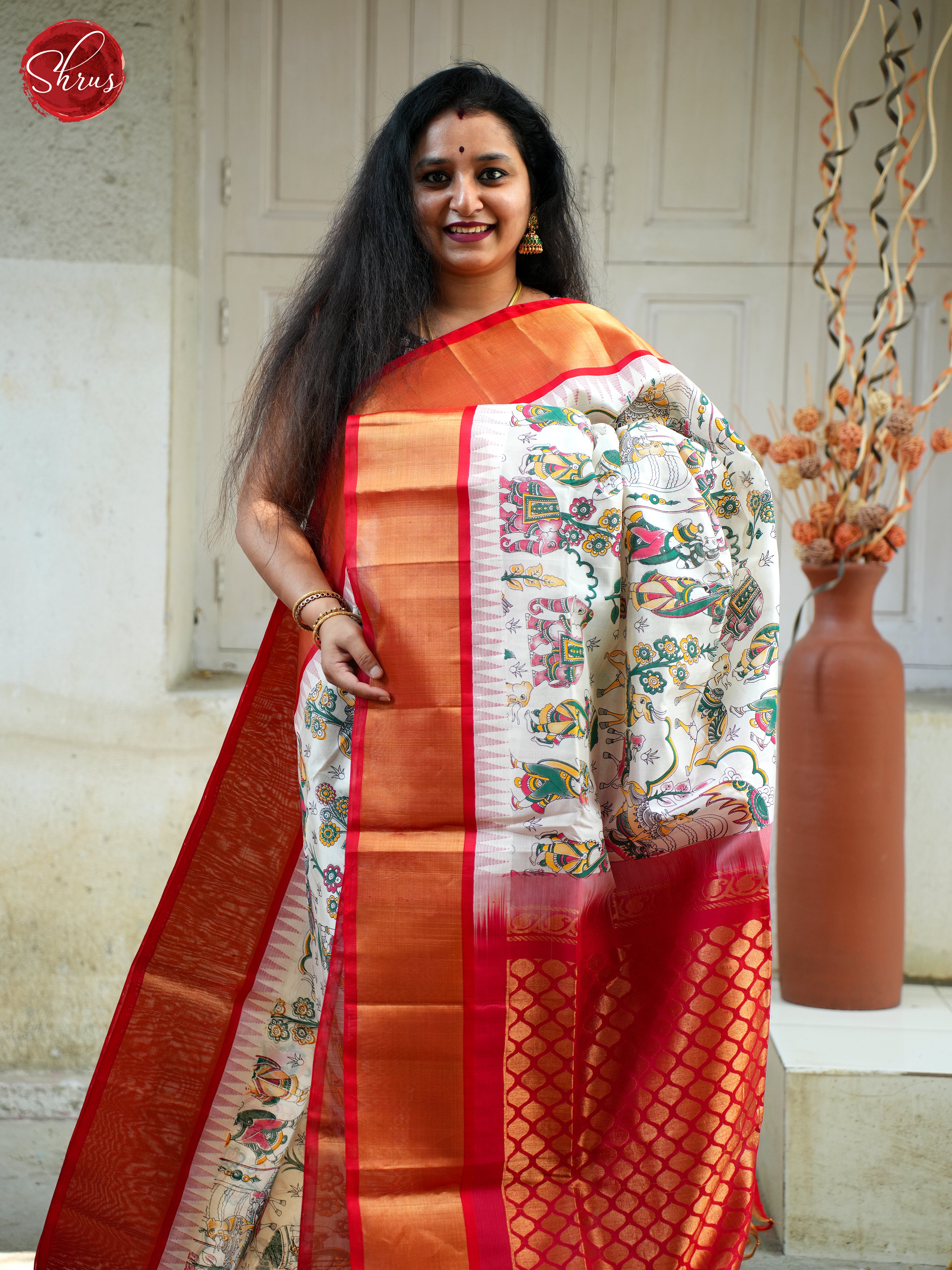 White & Red - Silk Cotton Saree - Shop on ShrusEternity.com