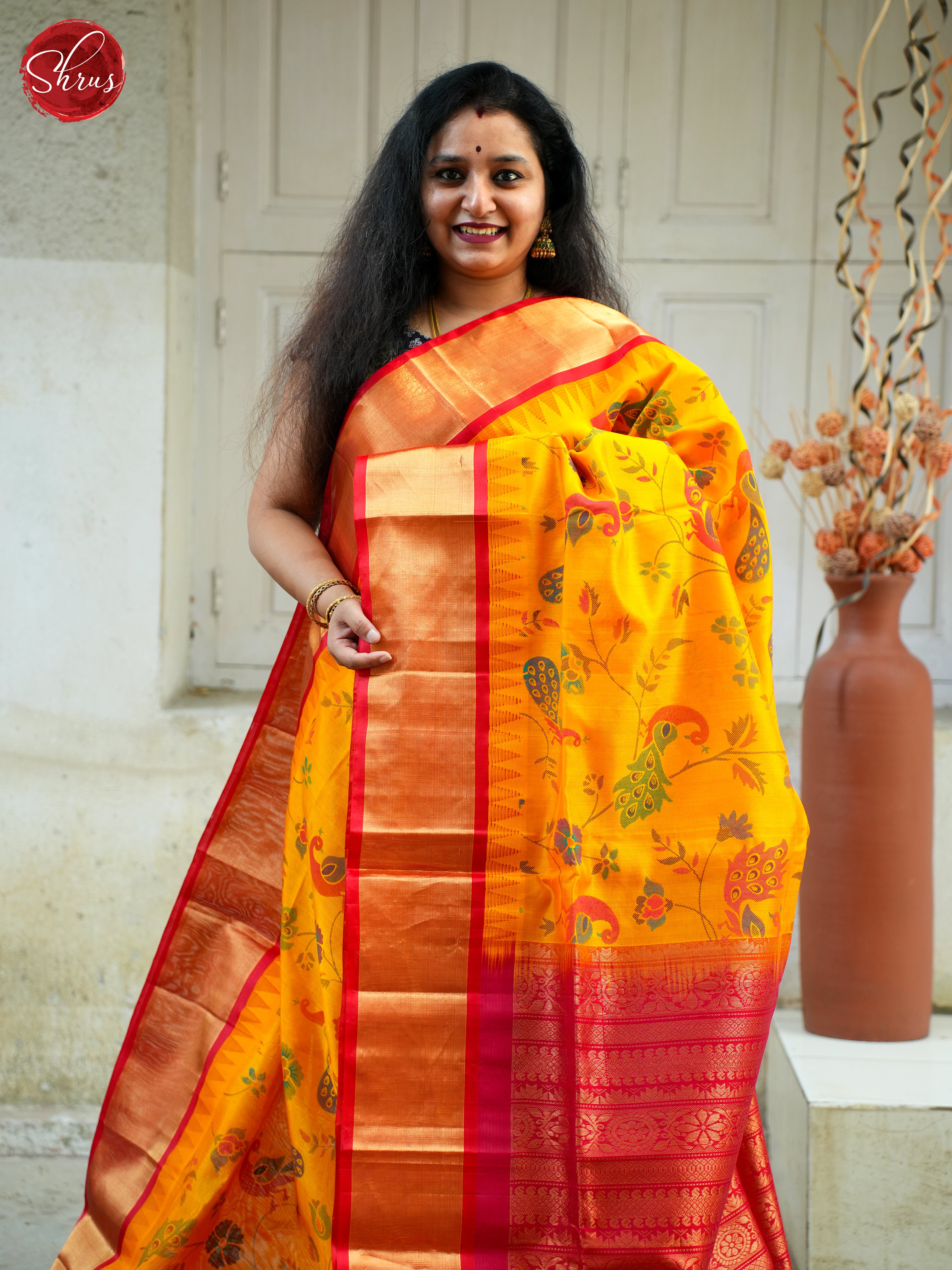 Yellow & Red - Silk Cotton Saree - Shop on ShrusEternity.com