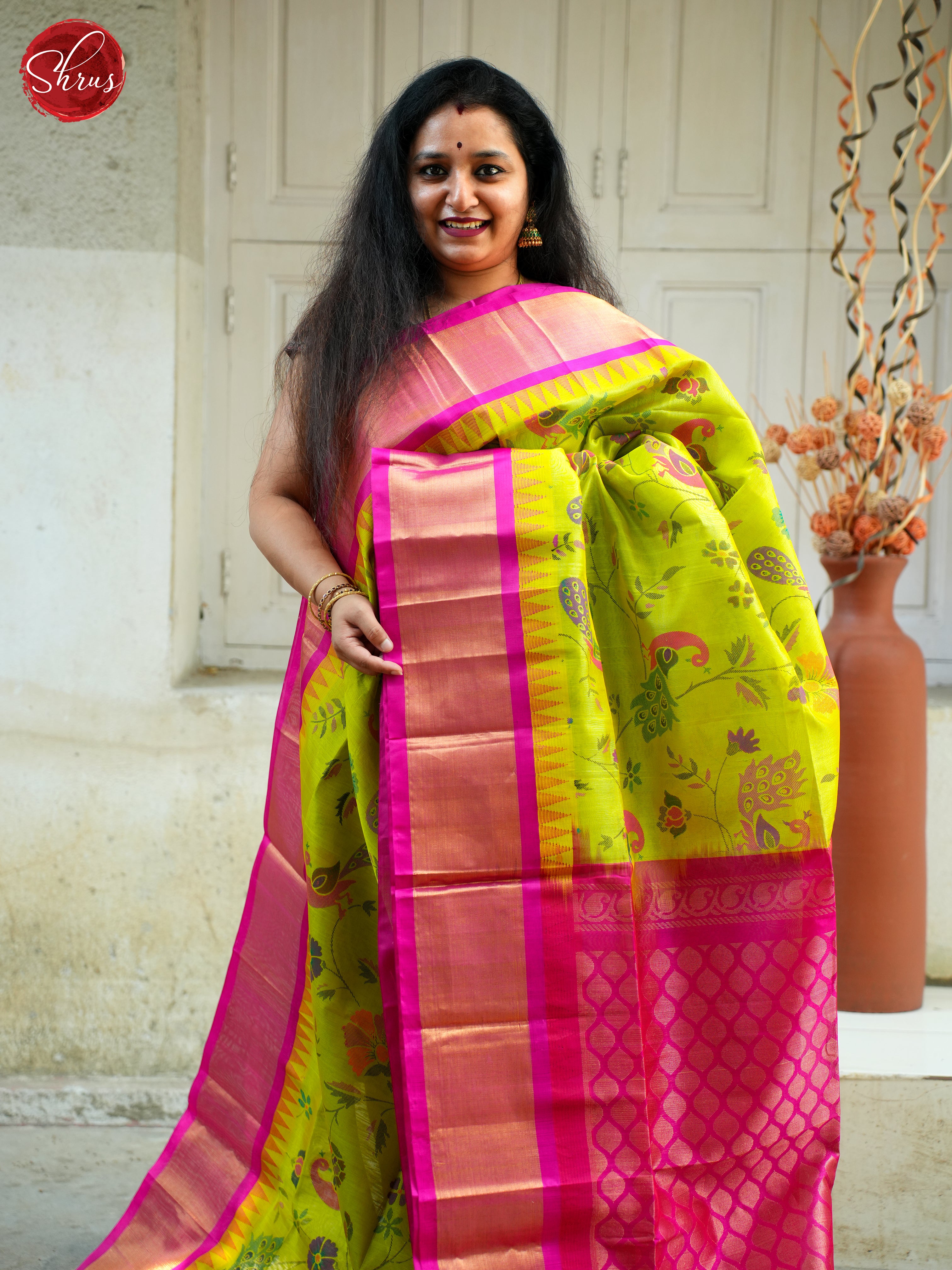 Green & Pink - Silk Cotton Saree - Shop on ShrusEternity.com