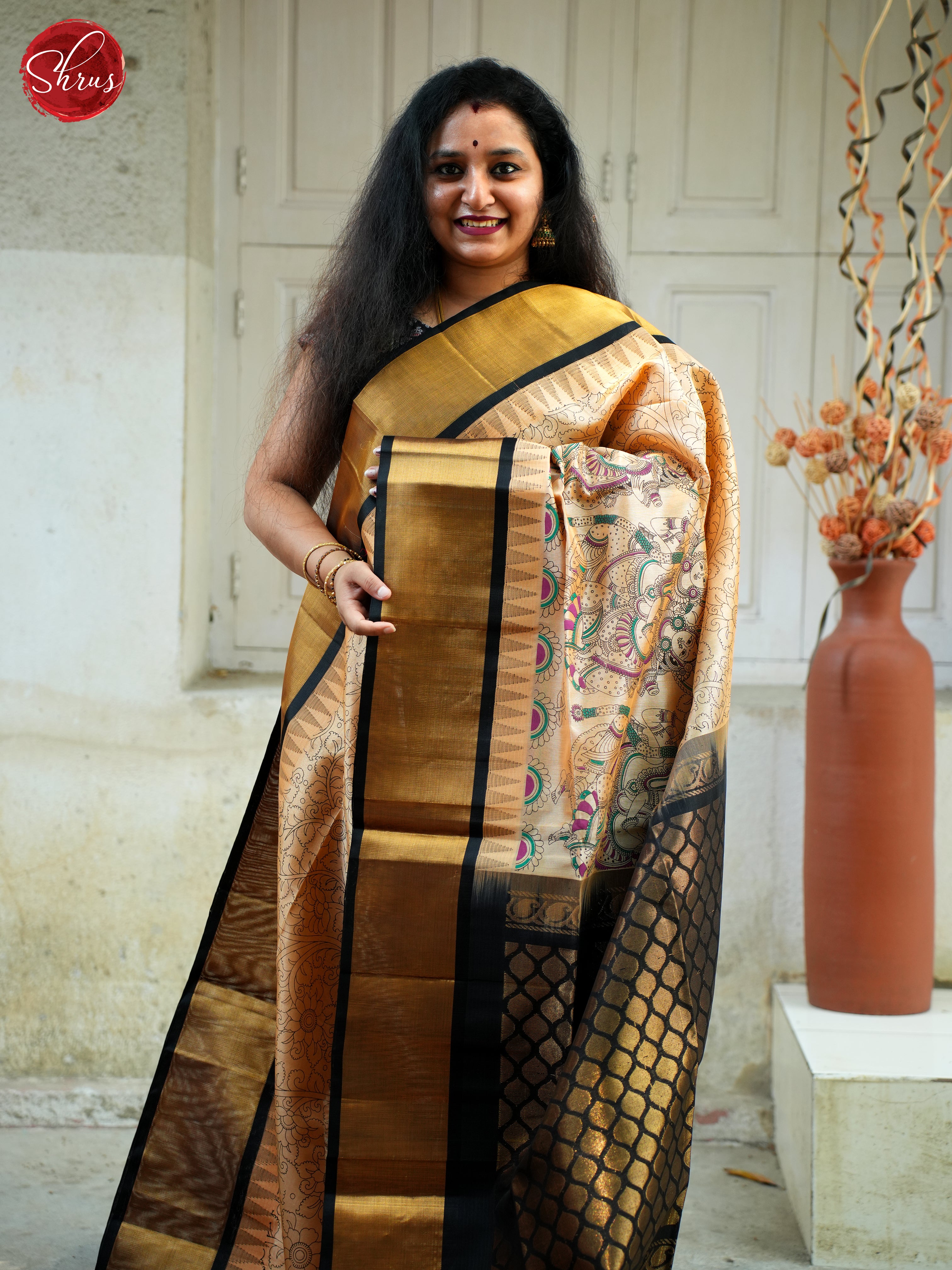 Peach & Black - Silk Cotton Saree - Shop on ShrusEternity.com