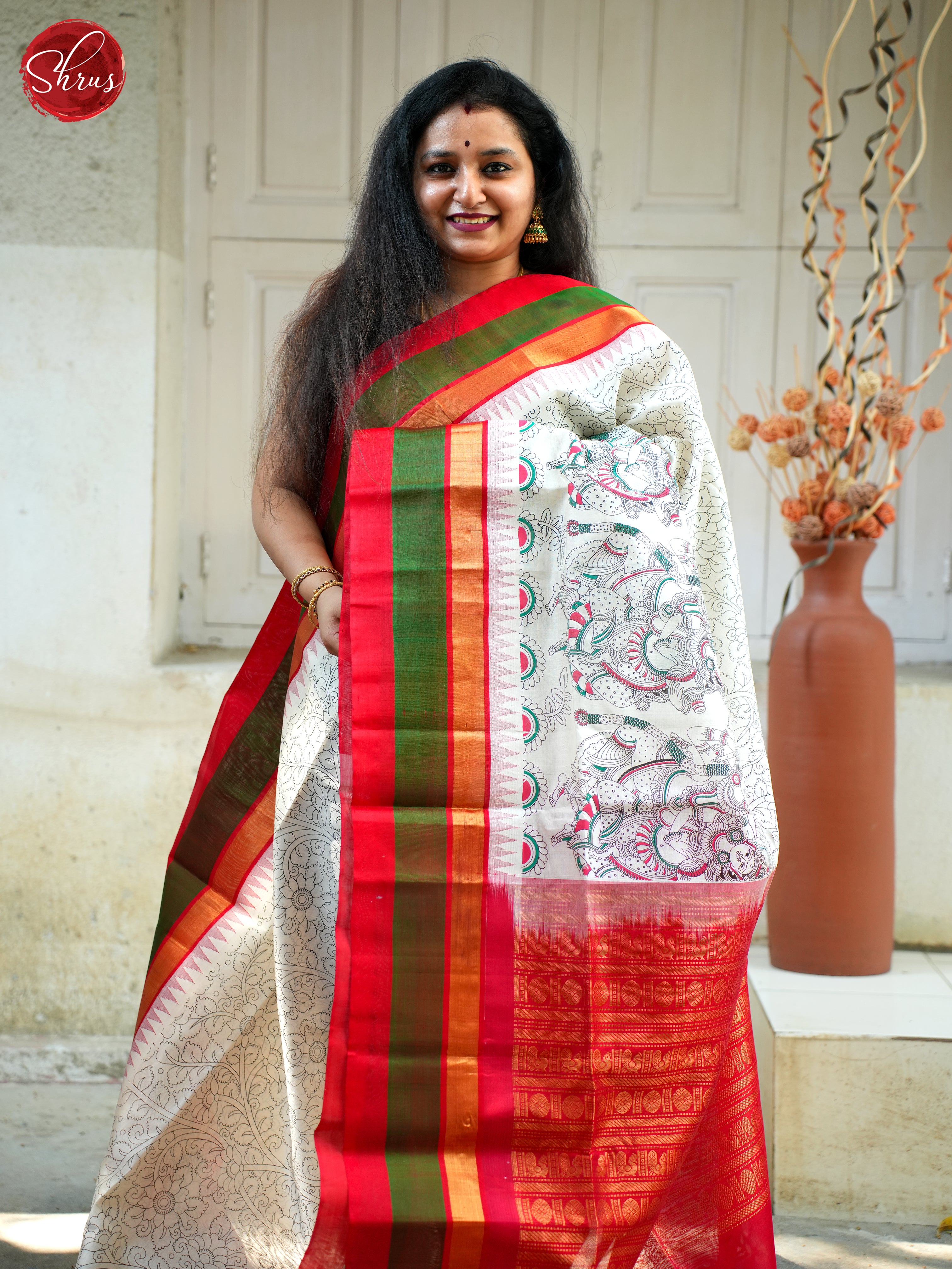 White & Red - Silk Cotton Saree - Shop on ShrusEternity.com