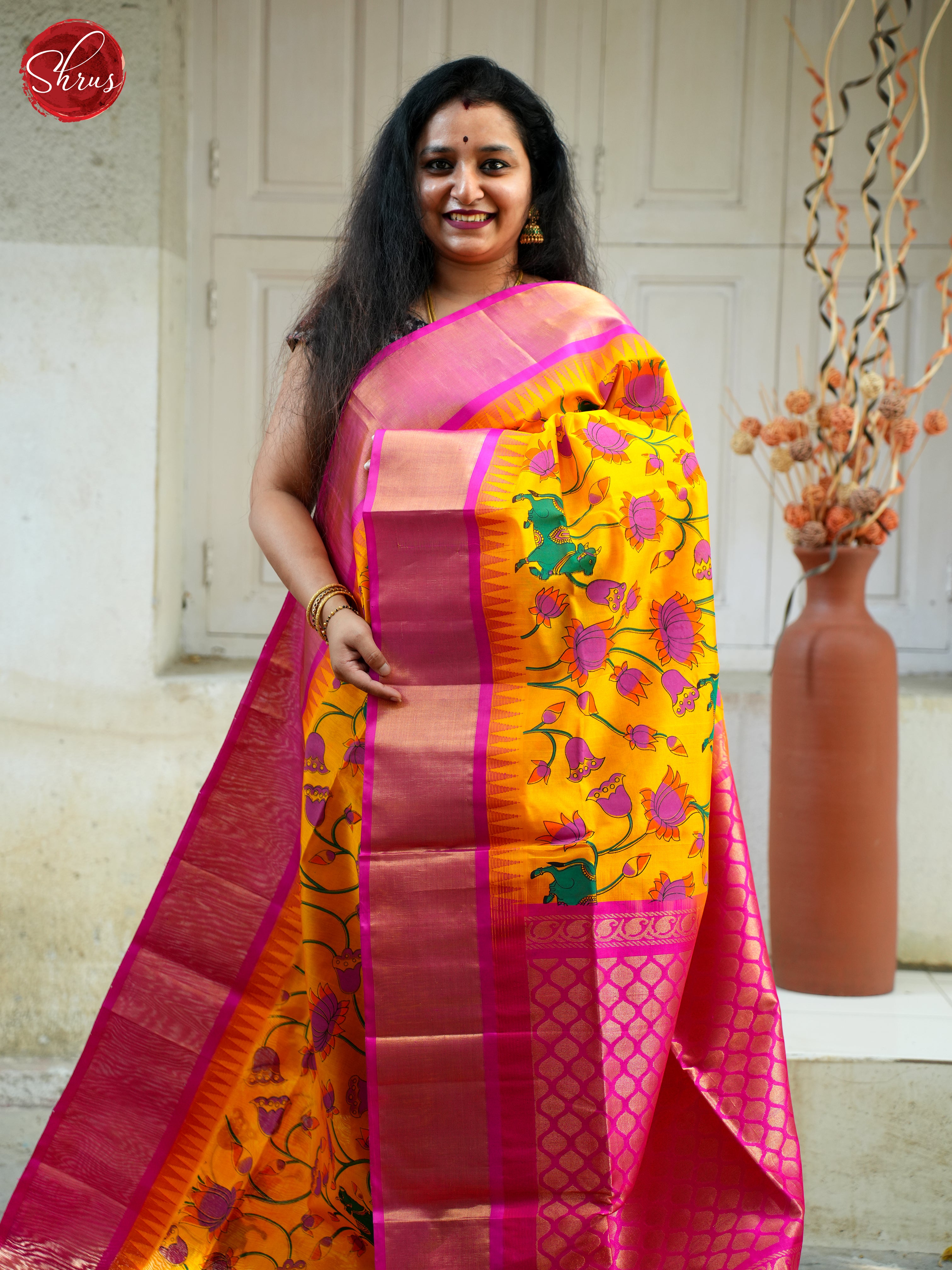 Yellow & Pink - Silk Cotton Saree - Shop on ShrusEternity.com