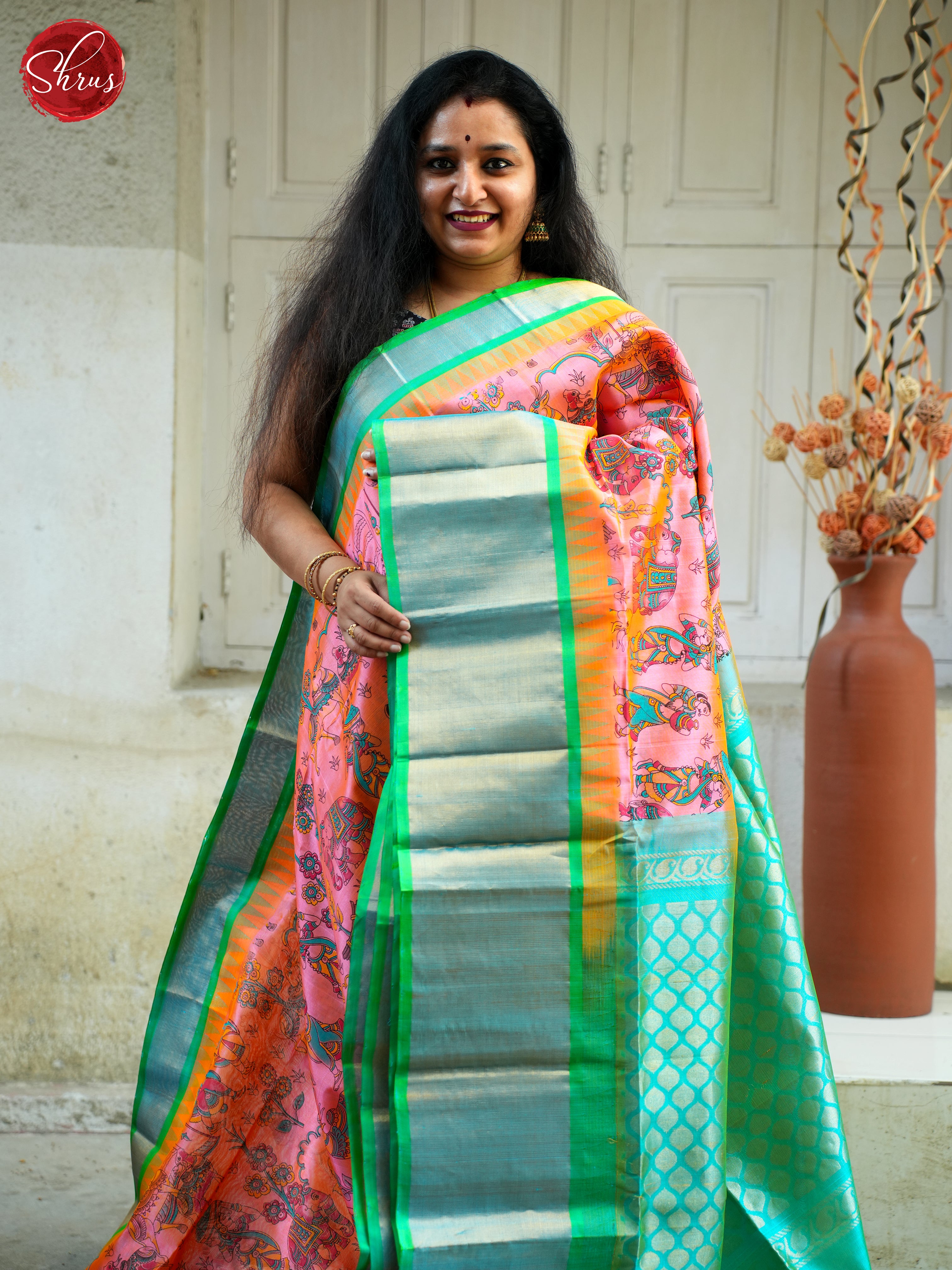 Pink & Green - Silk Cotton Saree - Shop on ShrusEternity.com