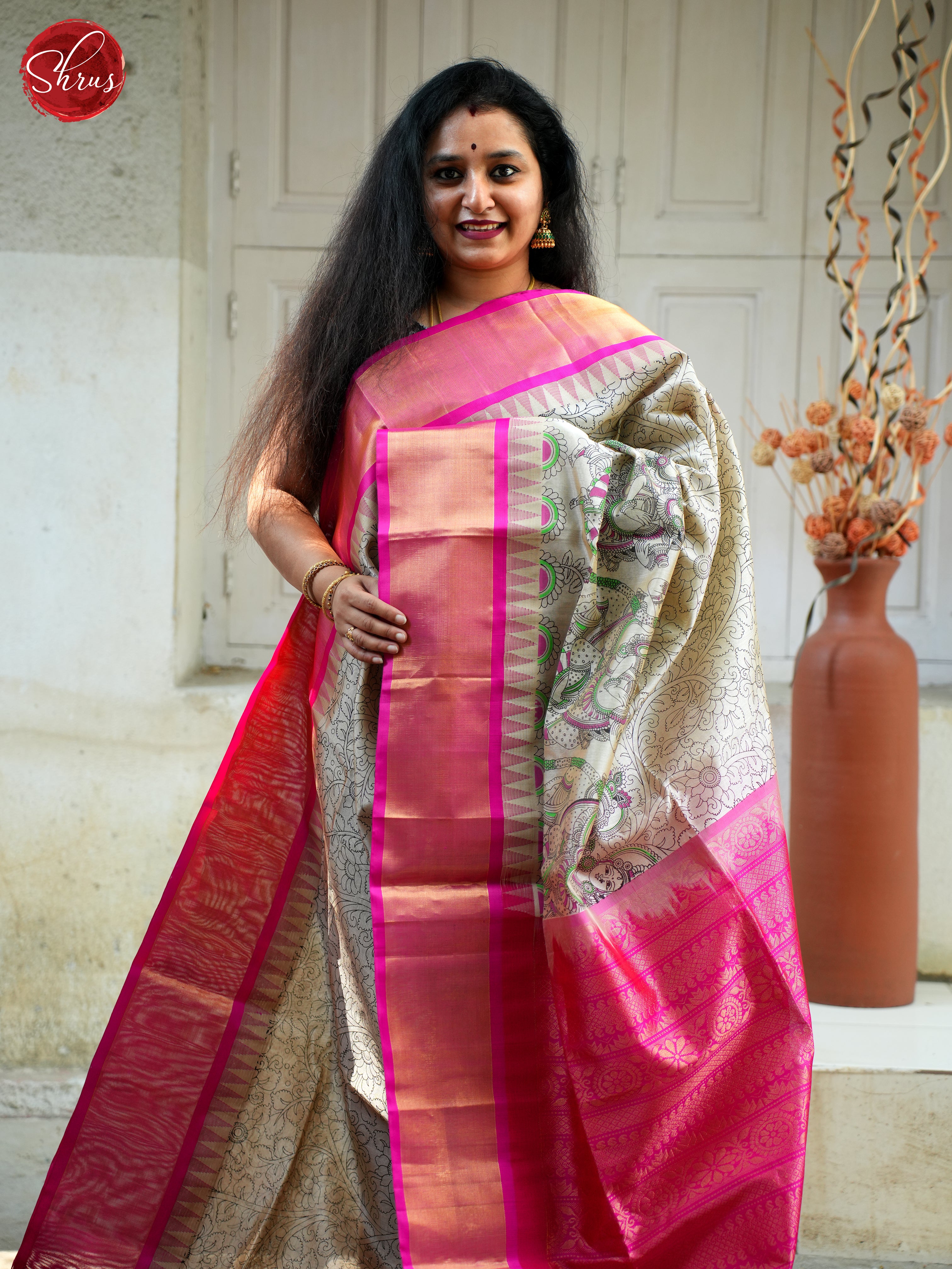 Cream & Pink - Silk Cotton Saree - Shop on ShrusEternity.com