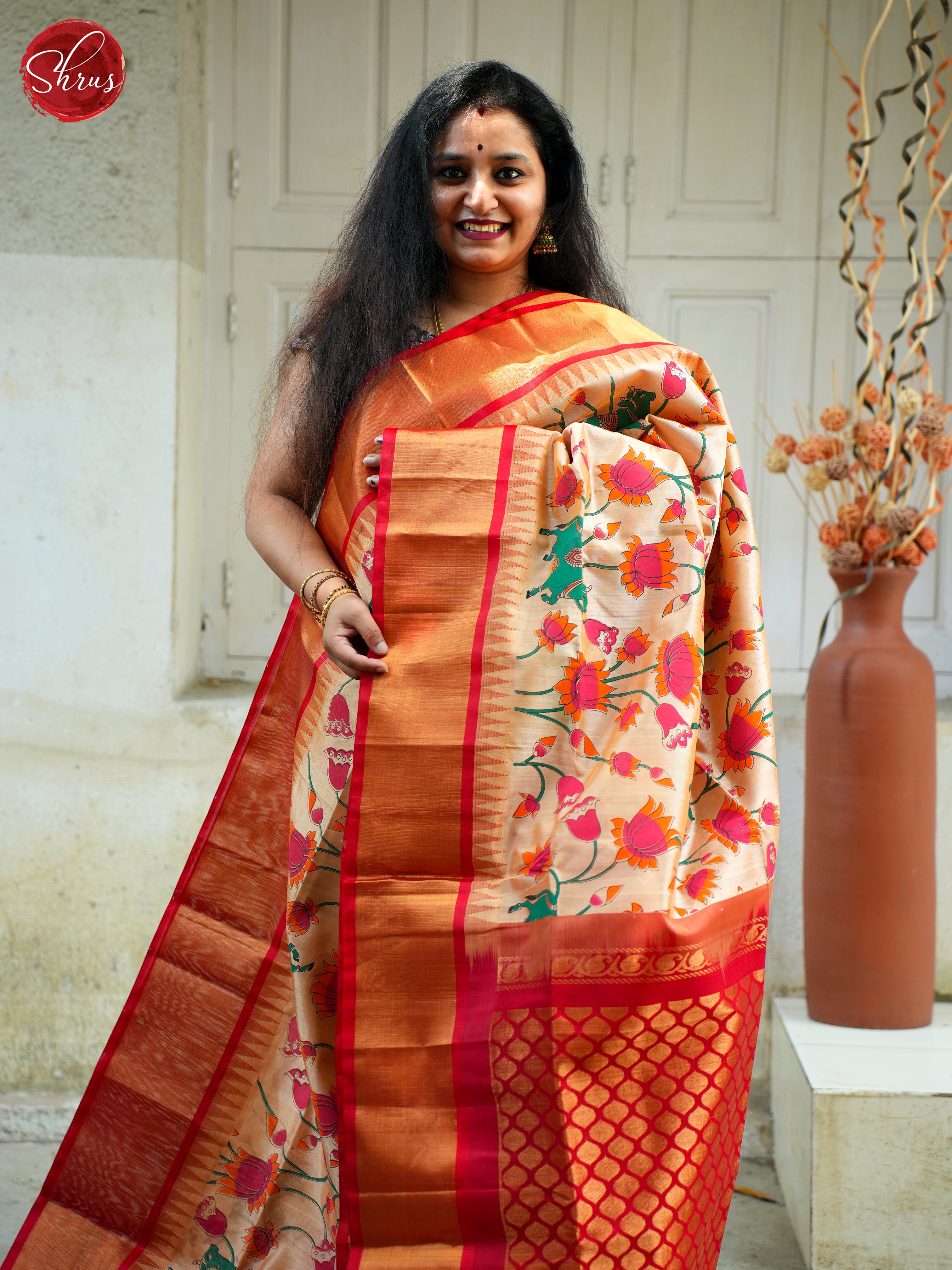 Cream & Red - Silk Cotton Saree - Shop on ShrusEternity.com
