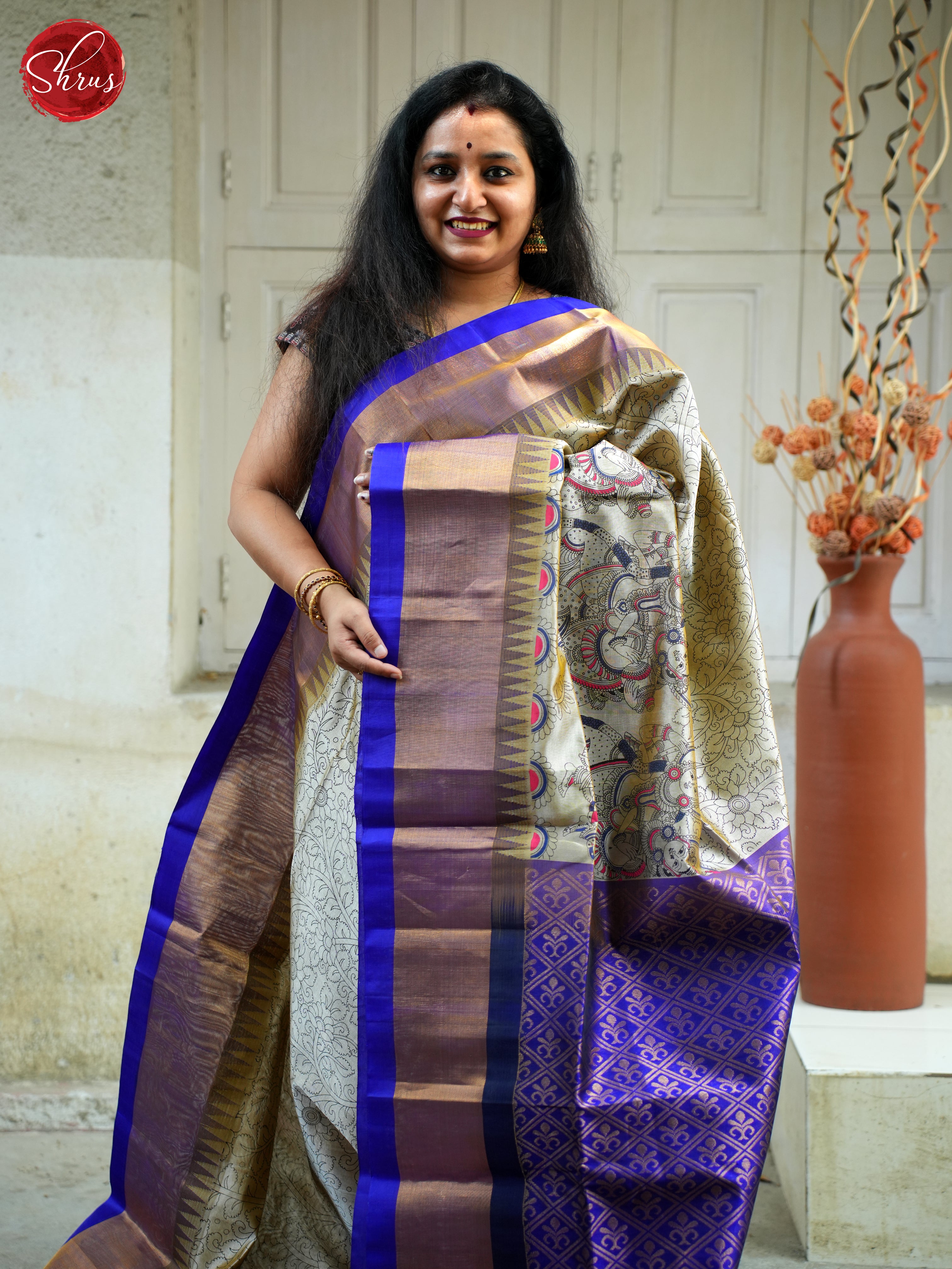 Grey & Blue - Silk Cotton Saree - Shop on ShrusEternity.com