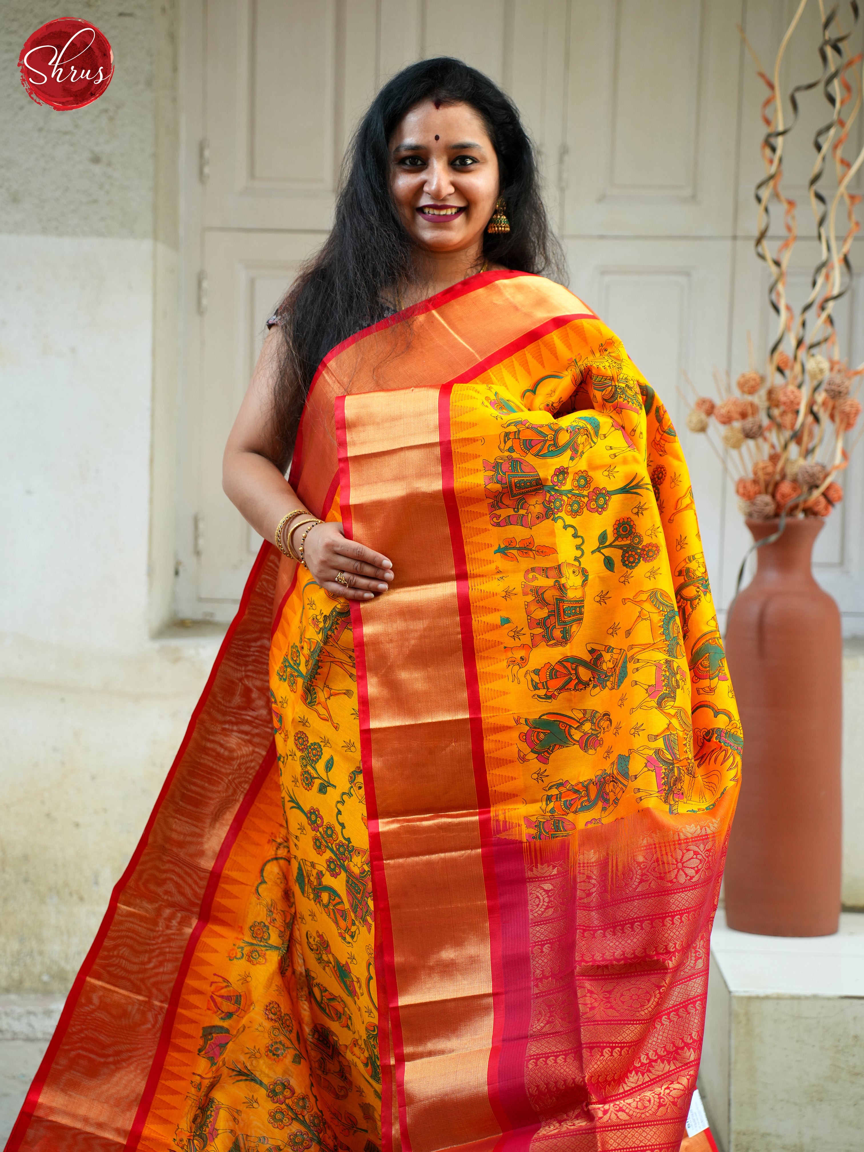 Yellow & Red- Silk Cotton Saree - Shop on ShrusEternity.com