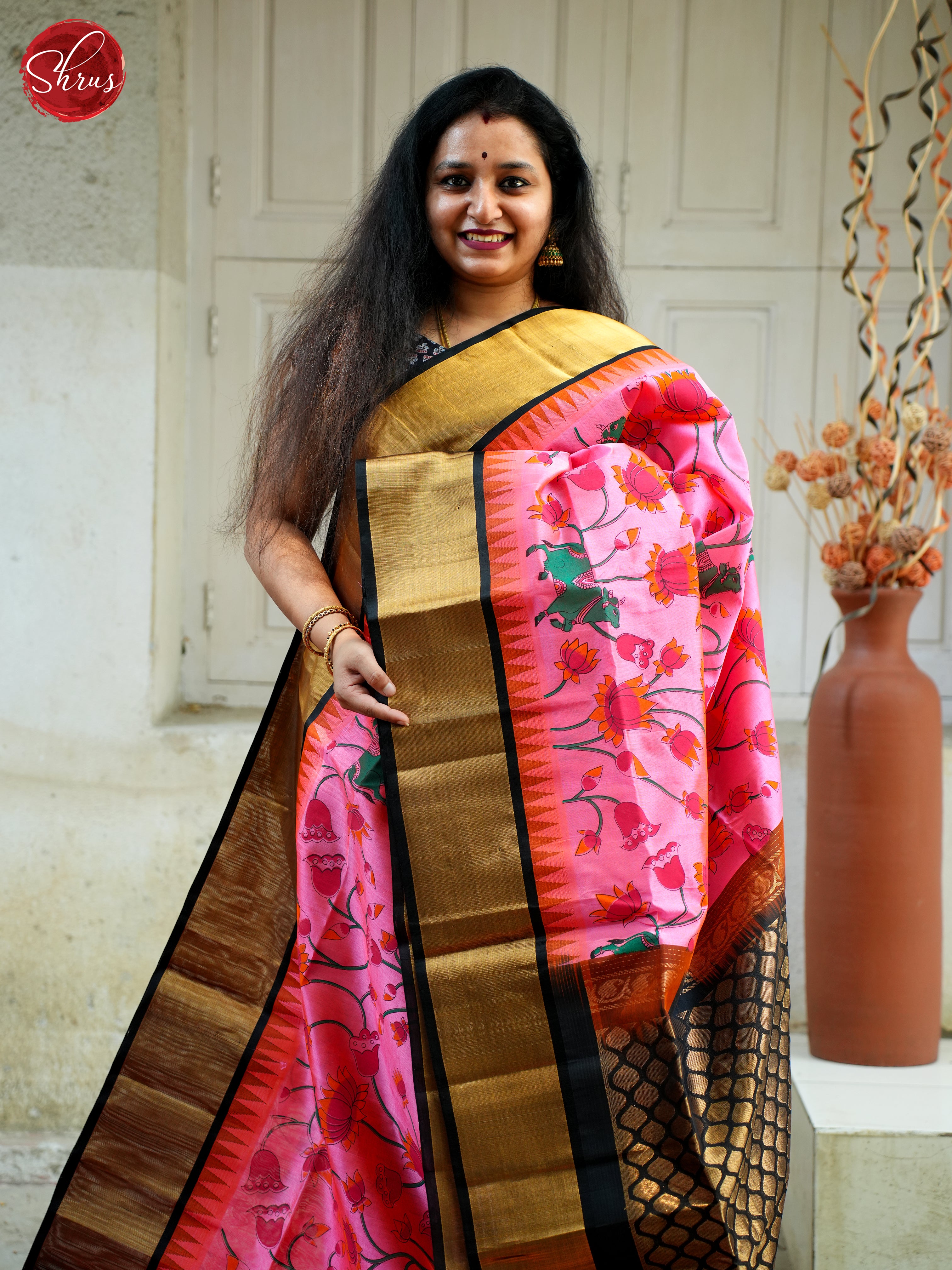 Pink & Black - Silk Cotton Saree - Shop on ShrusEternity.com