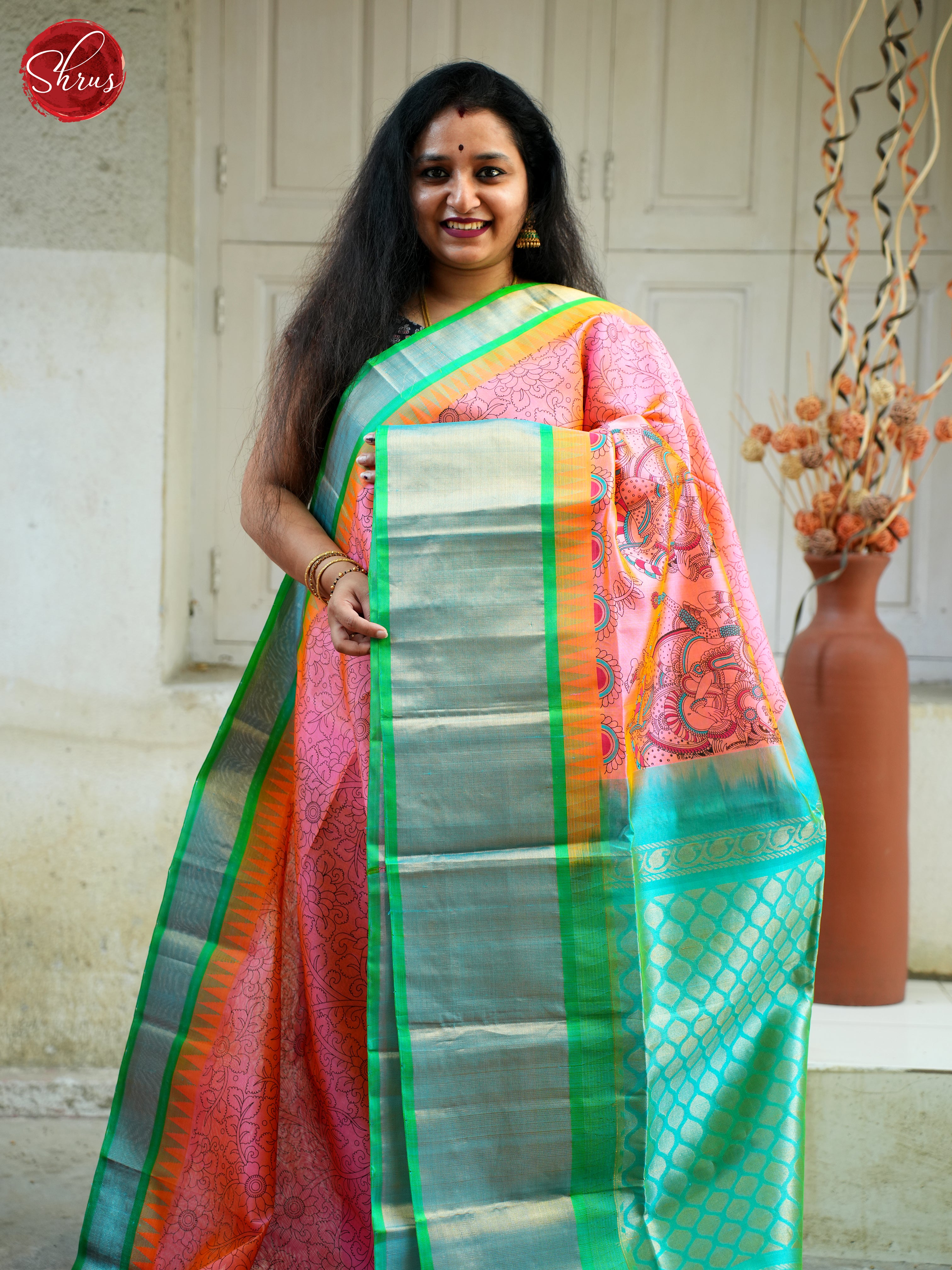 Pink & Green - Silk Cotton Saree - Shop on ShrusEternity.com