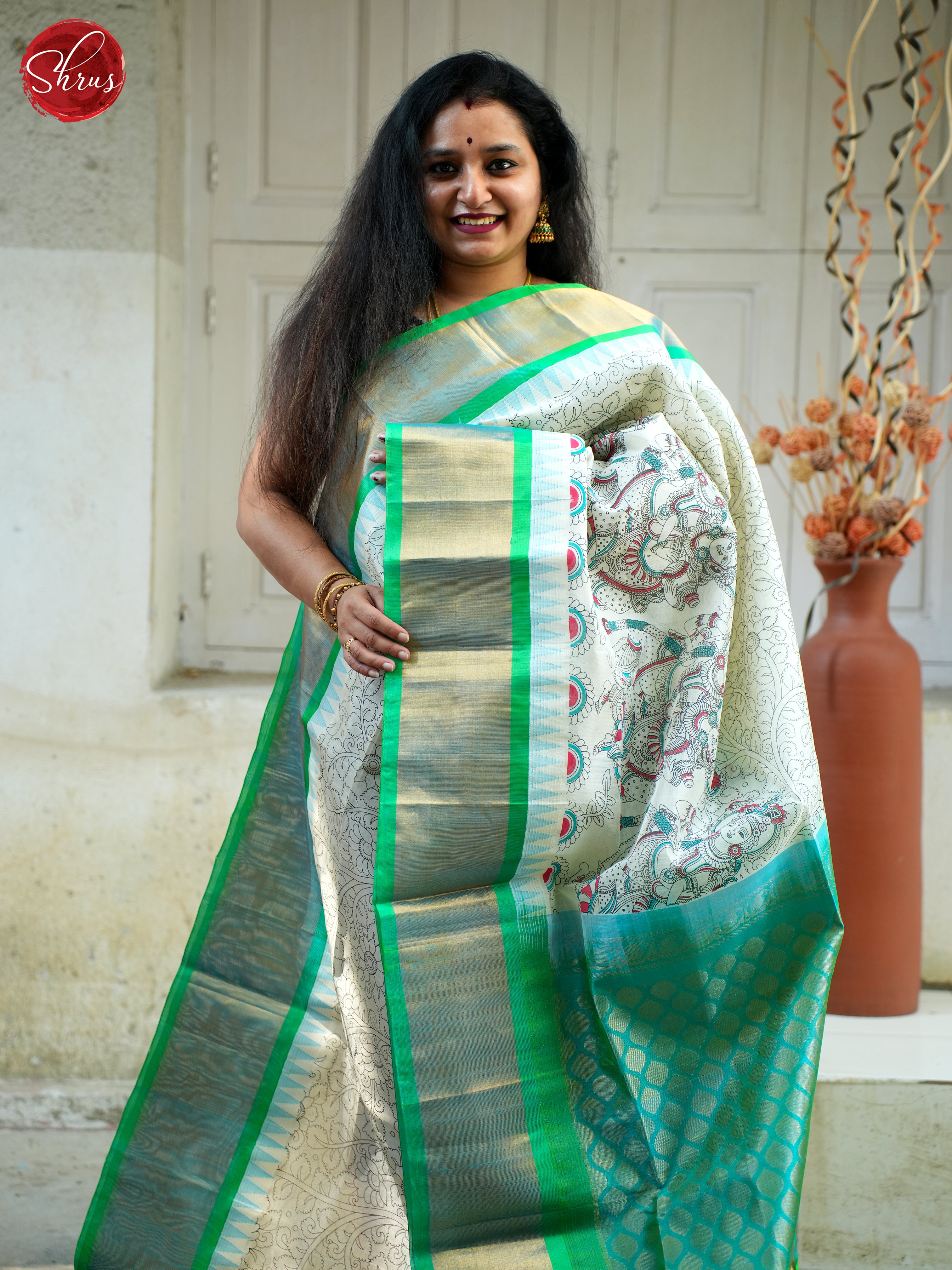 Cream & Green - Silk Cotton Saree - Shop on ShrusEternity.com