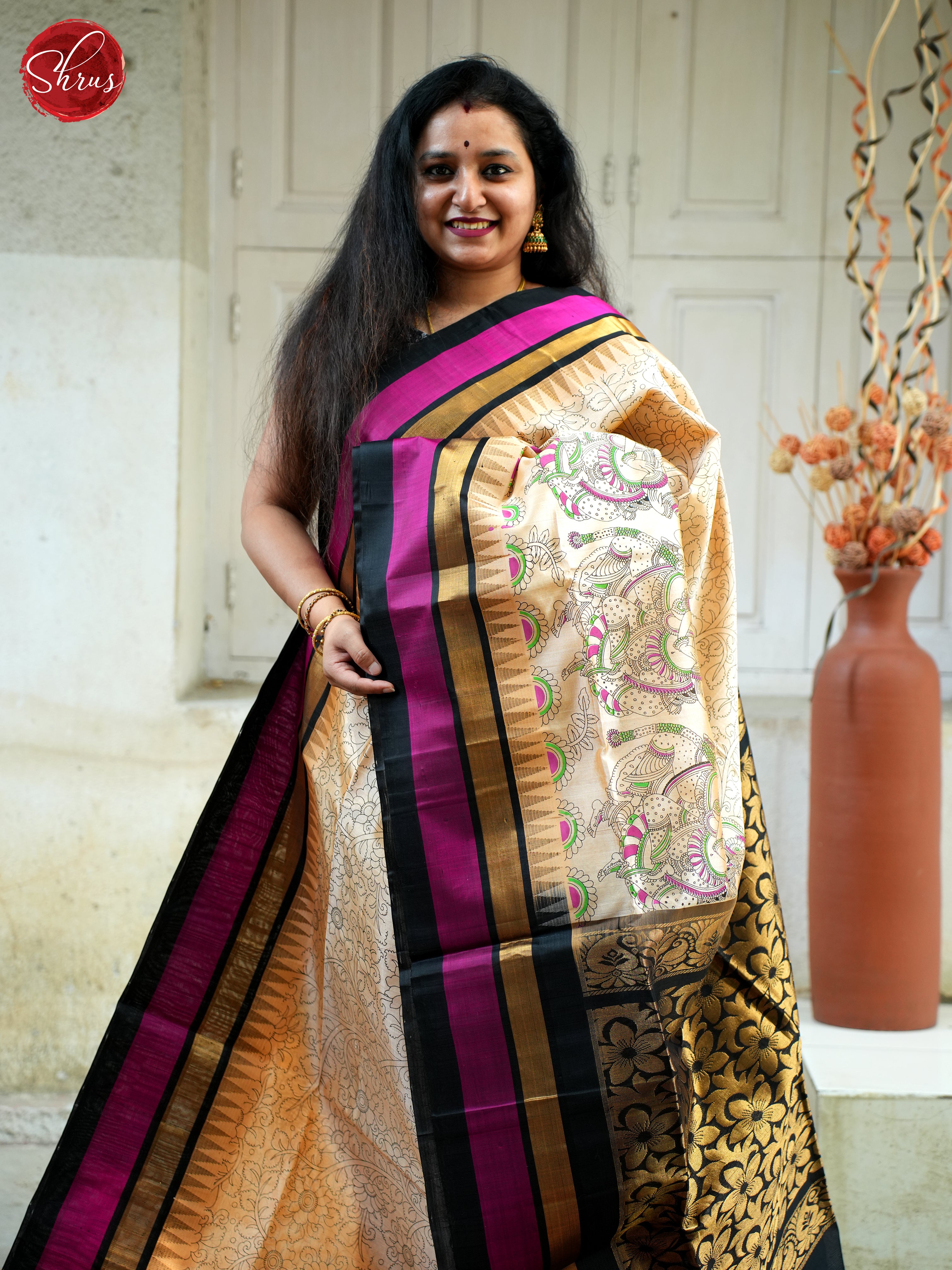 Cream & Black- Silk Cotton Saree - Shop on ShrusEternity.com