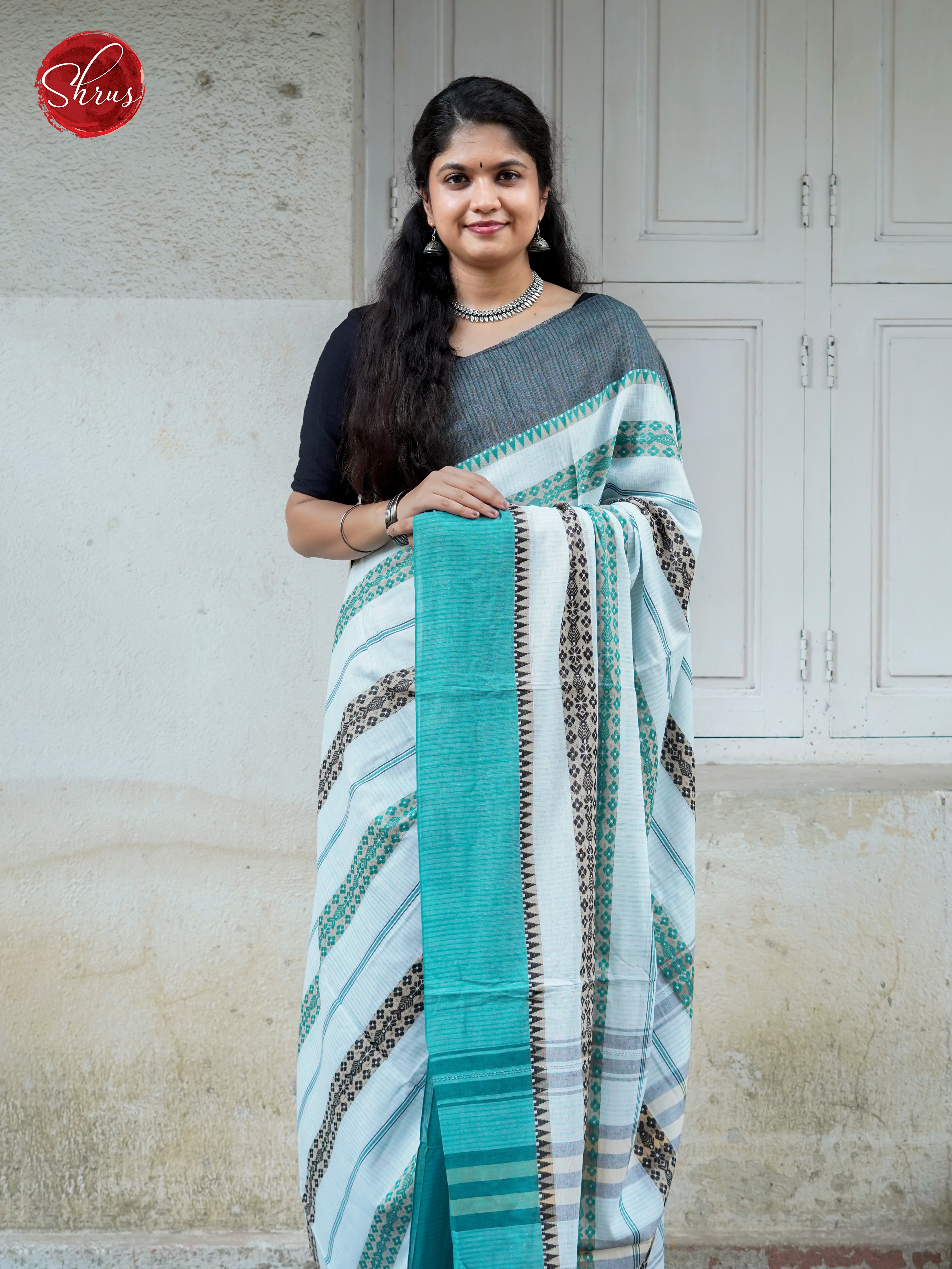 White & Blue - Mercerized Cotton Saree - Shop on ShrusEternity.com