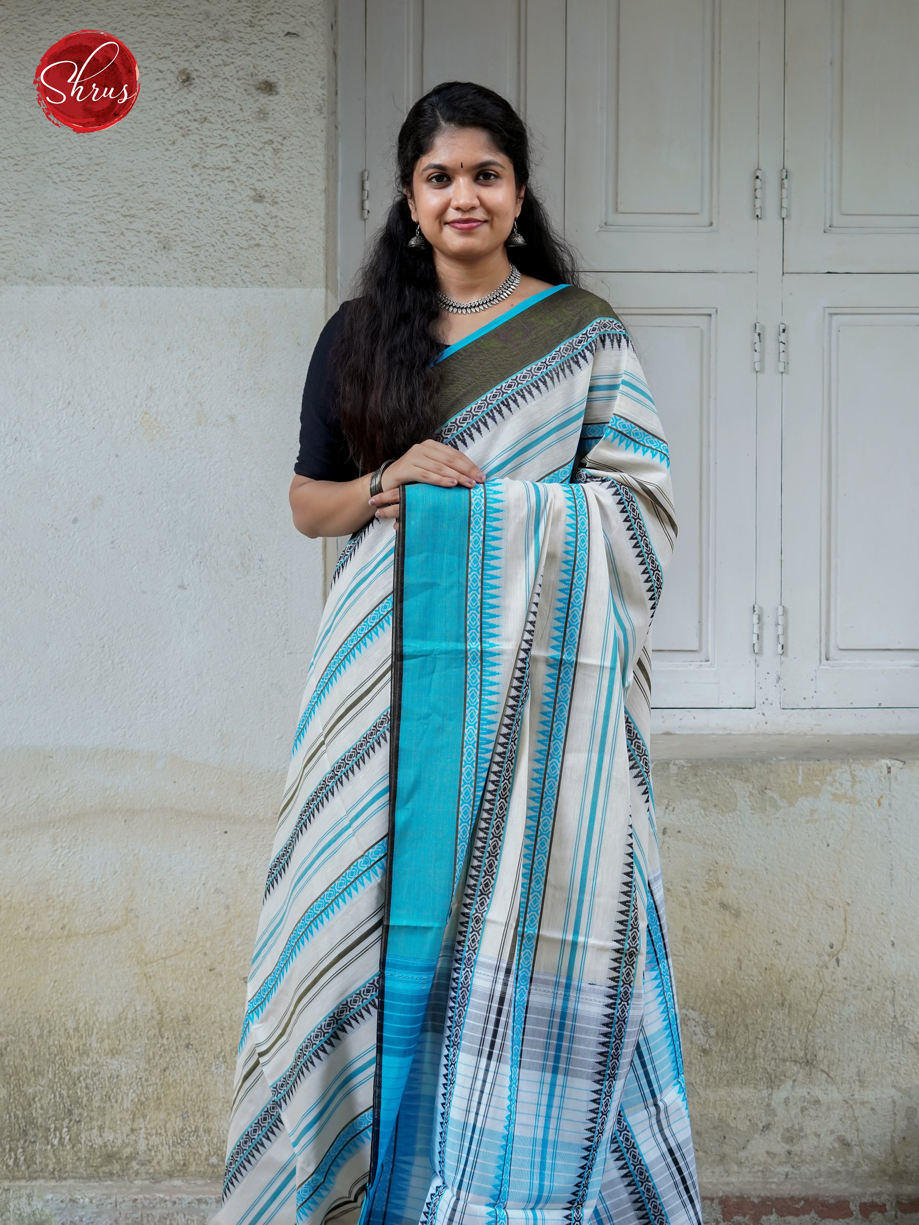 White & Blue - Mercerized Cotton Saree - Shop on ShrusEternity.com