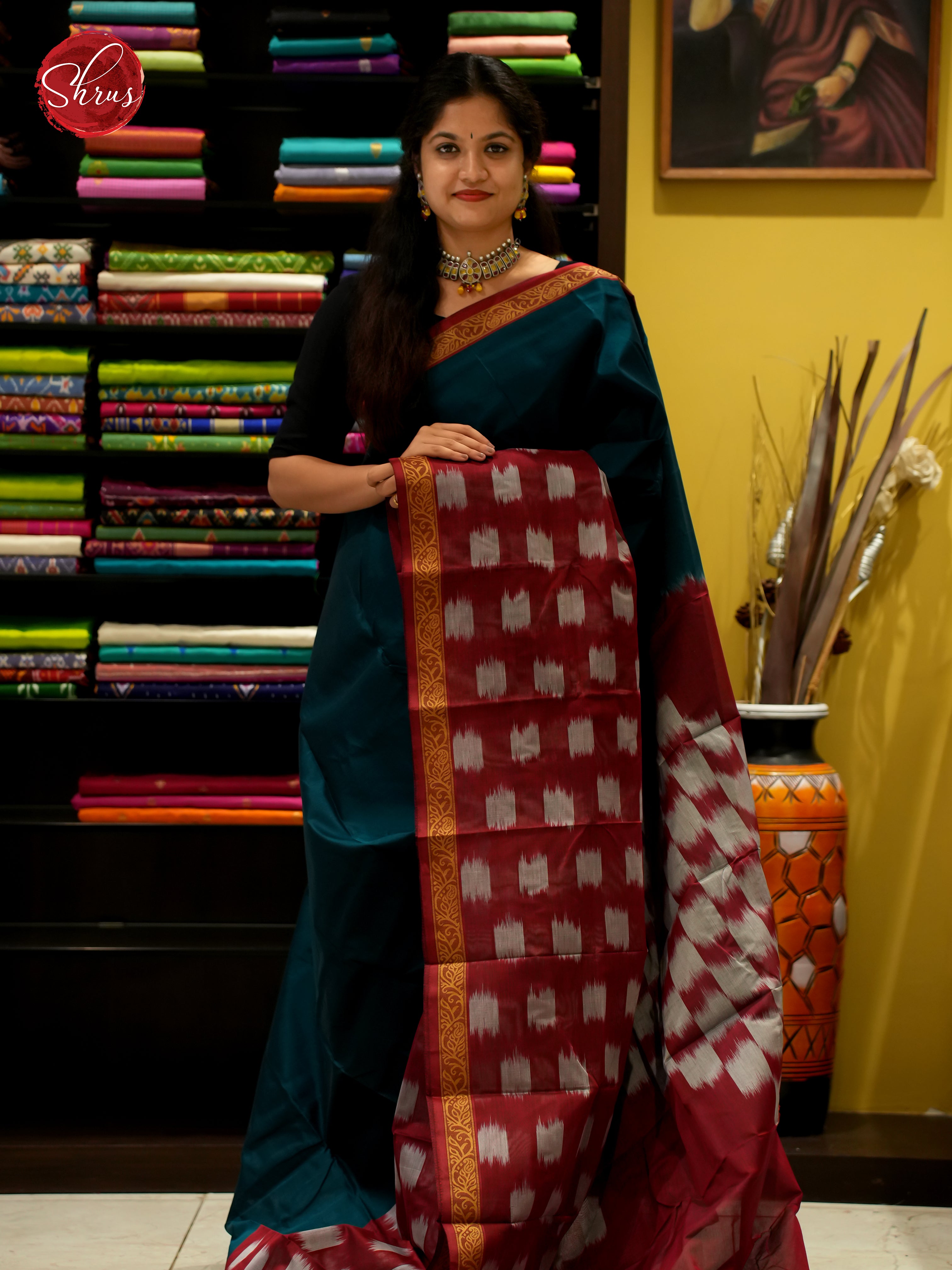 Peacock Green & Maroon - Mercerized Cotton Saree - Shop on ShrusEternity.com