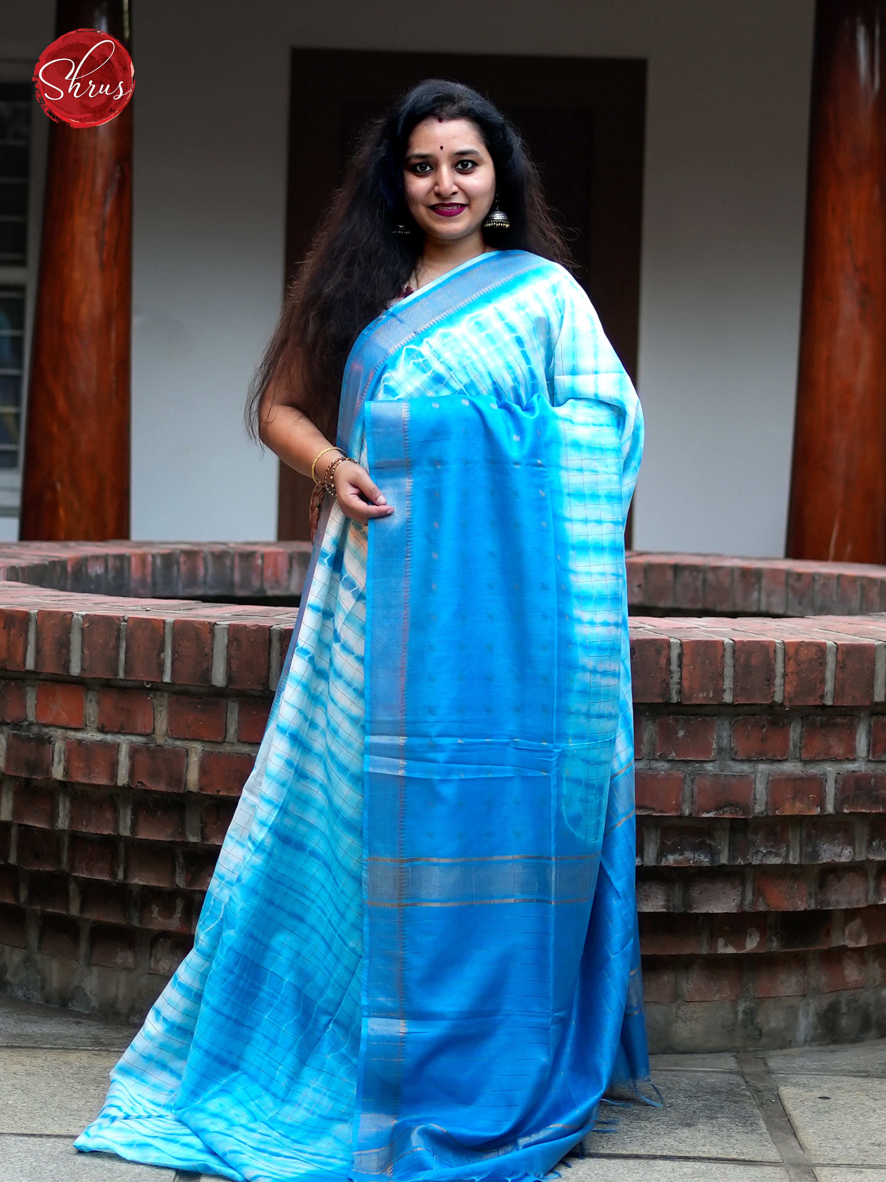 Cream & Blue - Shibori Saree - Shop on ShrusEternity.com