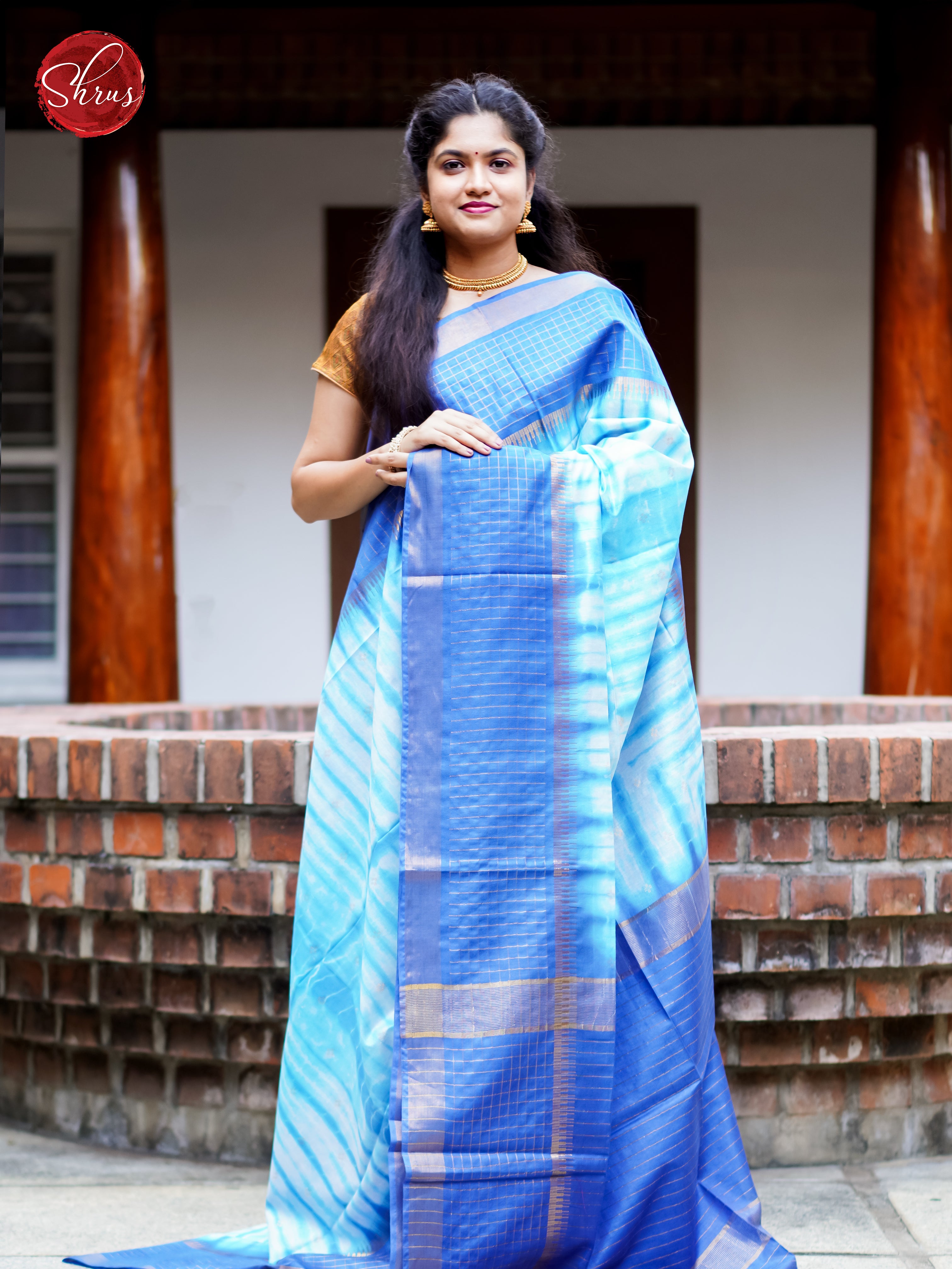 Cream & Blue - Shibori Saree - Shop on ShrusEternity.com