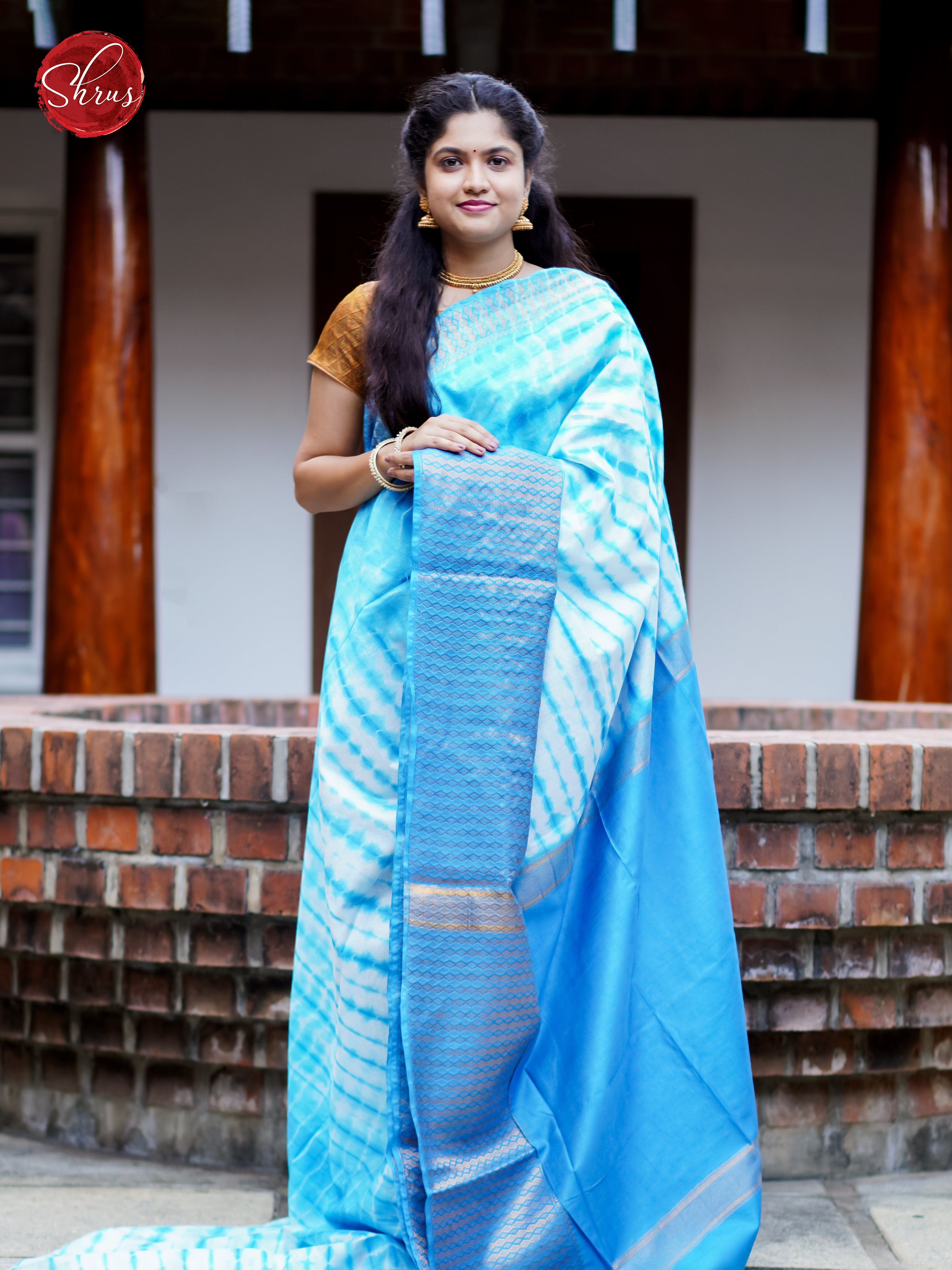 Cream & Blue - Shibori Saree - Shop on ShrusEternity.com