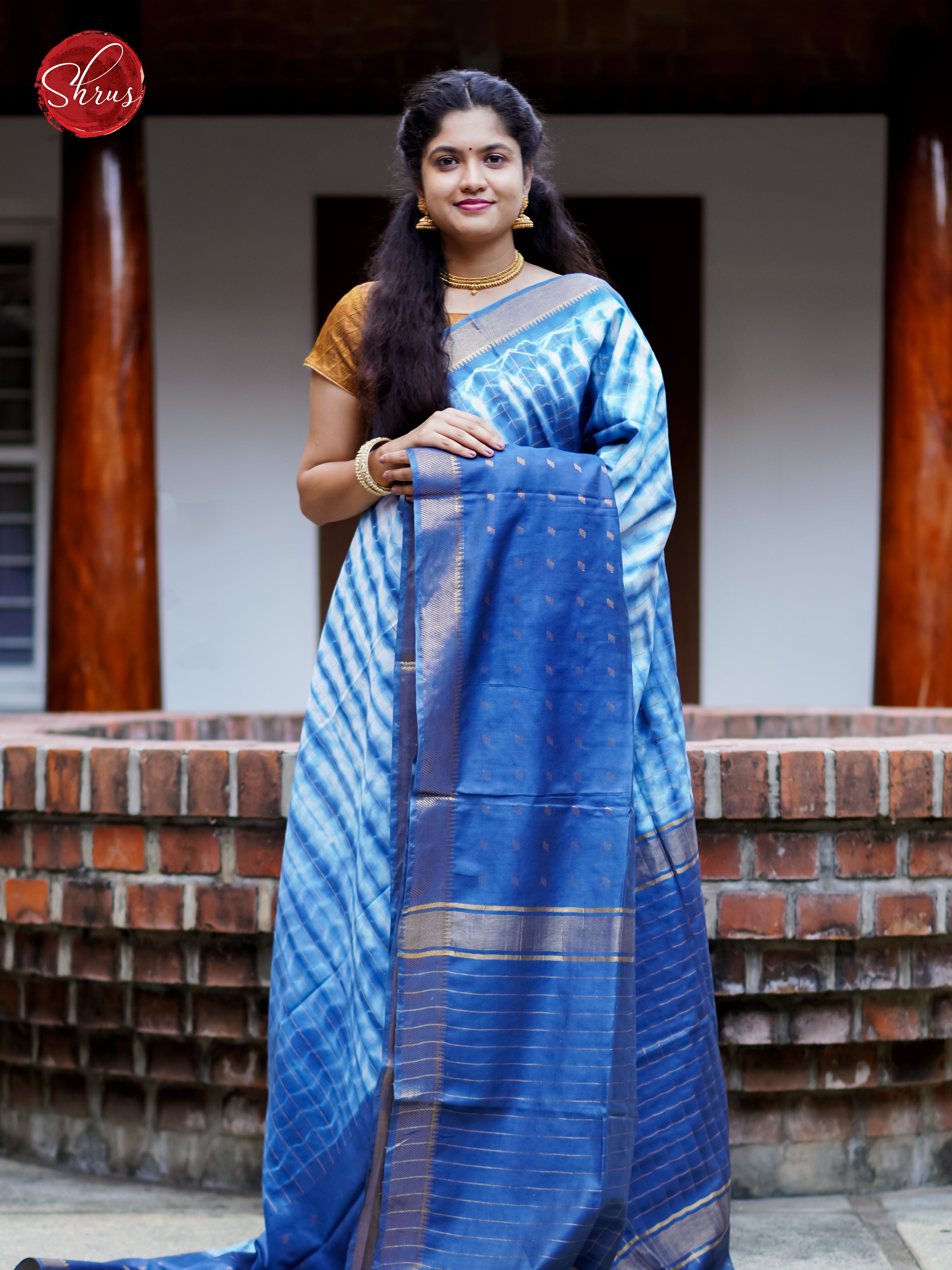 Cream & Blue - Shibori Saree - Shop on ShrusEternity.com