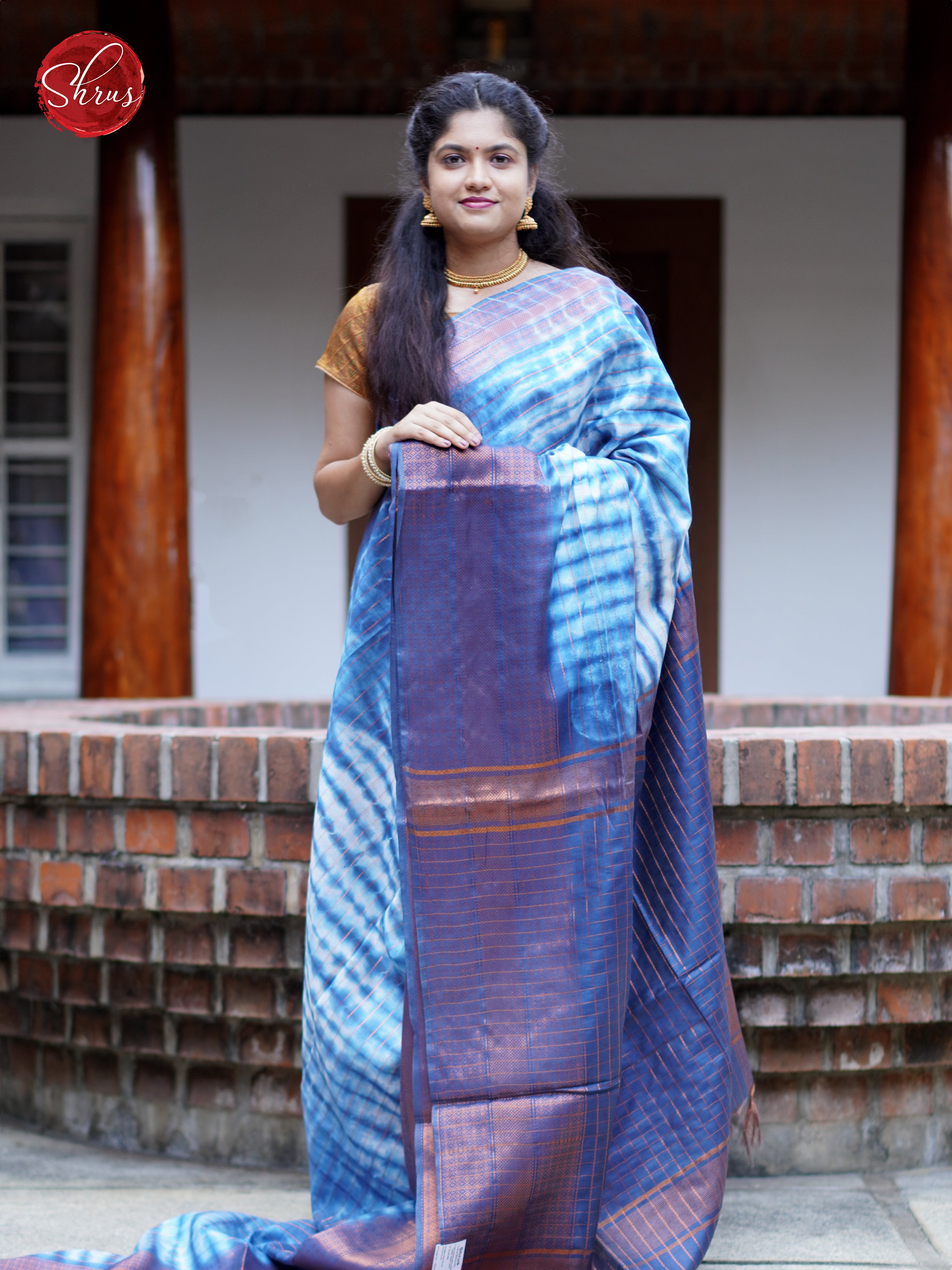 Cream & Blue - Shibori Saree - Shop on ShrusEternity.com