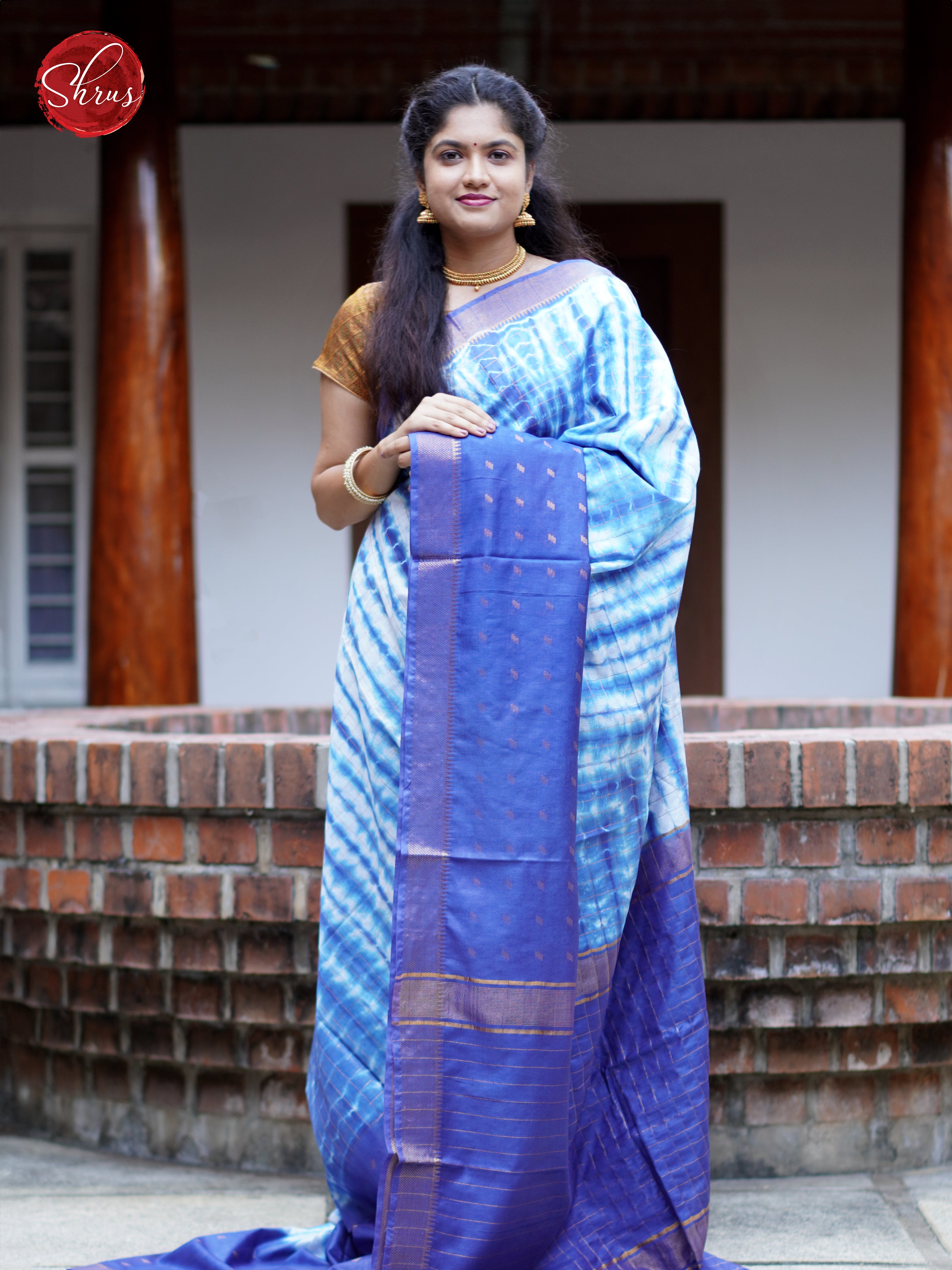 Cream & Blue - Shibori Saree - Shop on ShrusEternity.com