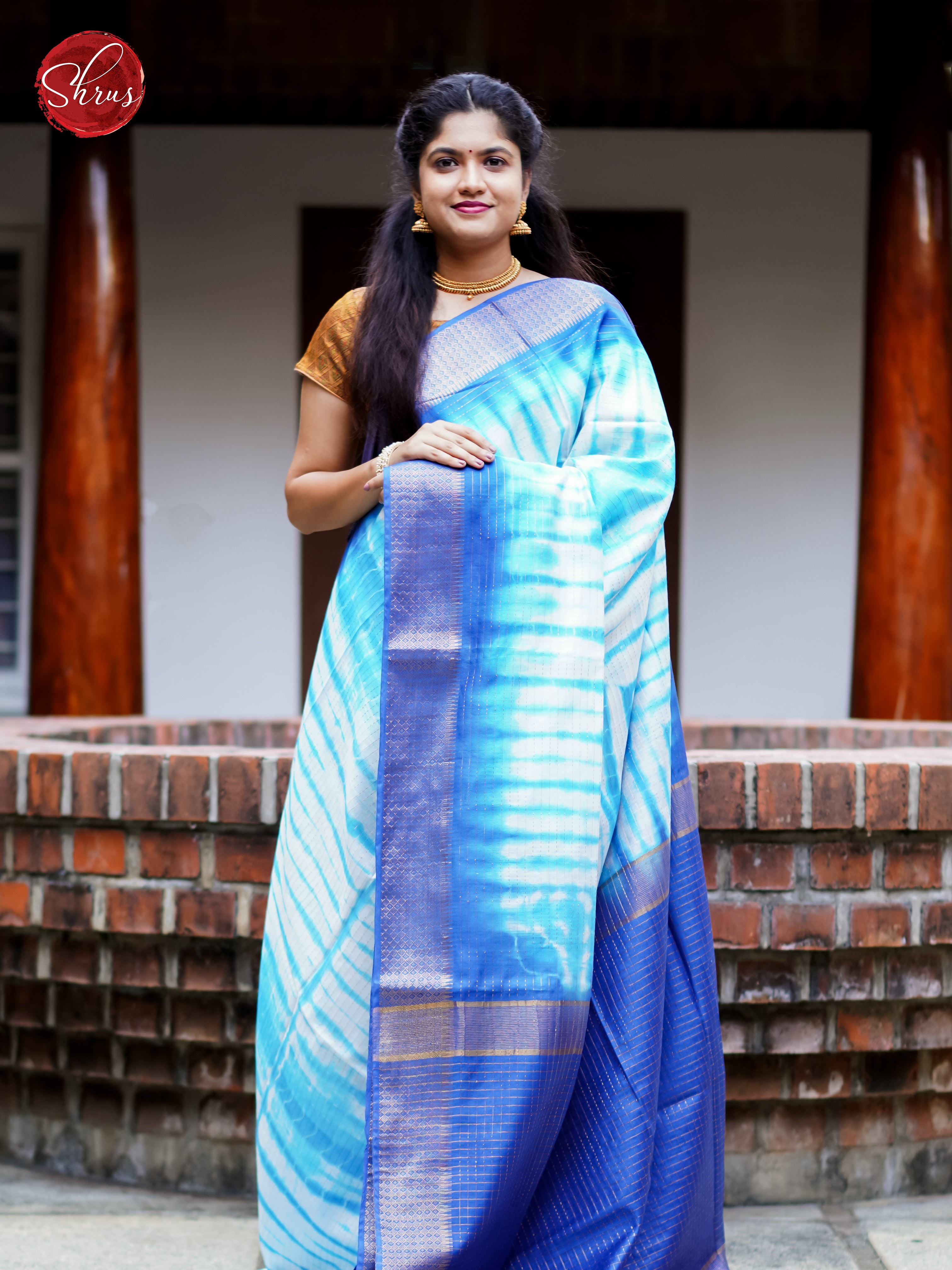Cream & Blue - Shibori Saree - Shop on ShrusEternity.com