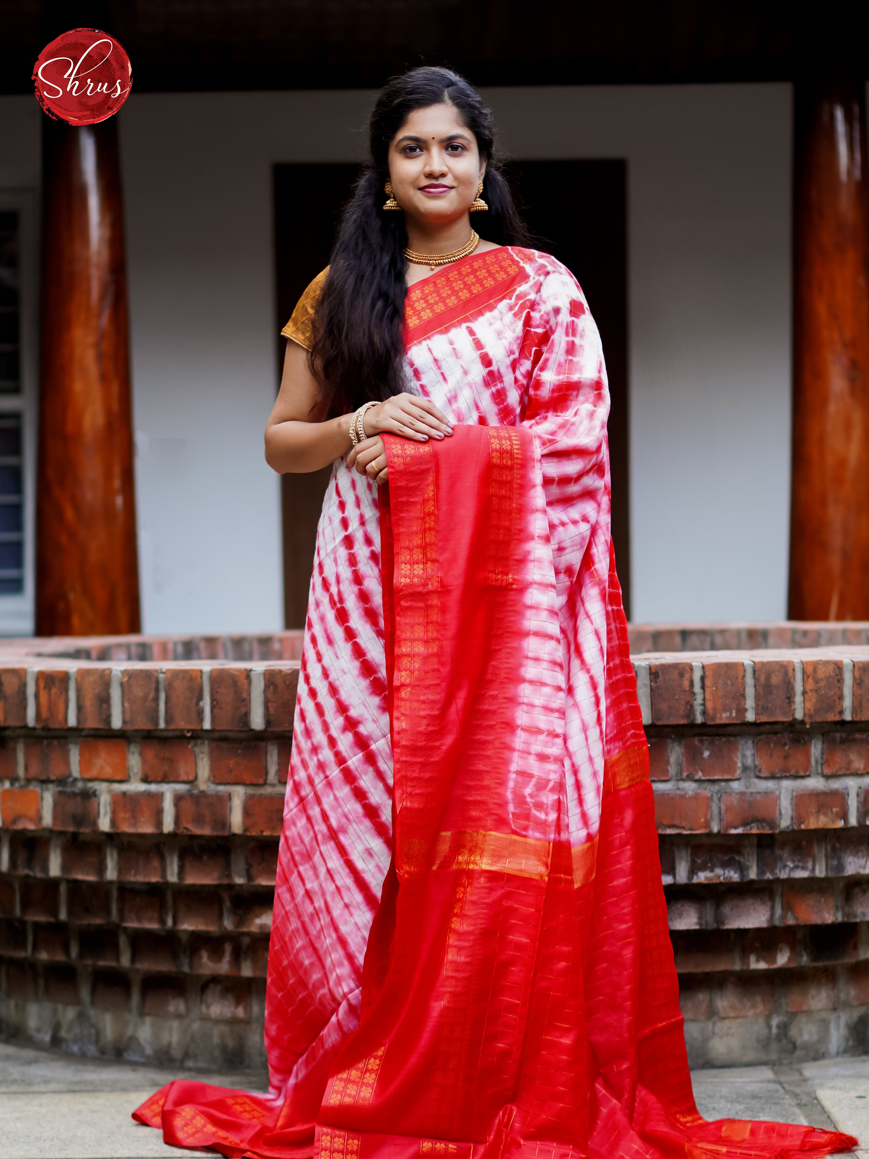 Cream & Red - Shibori Saree - Shop on ShrusEternity.com
