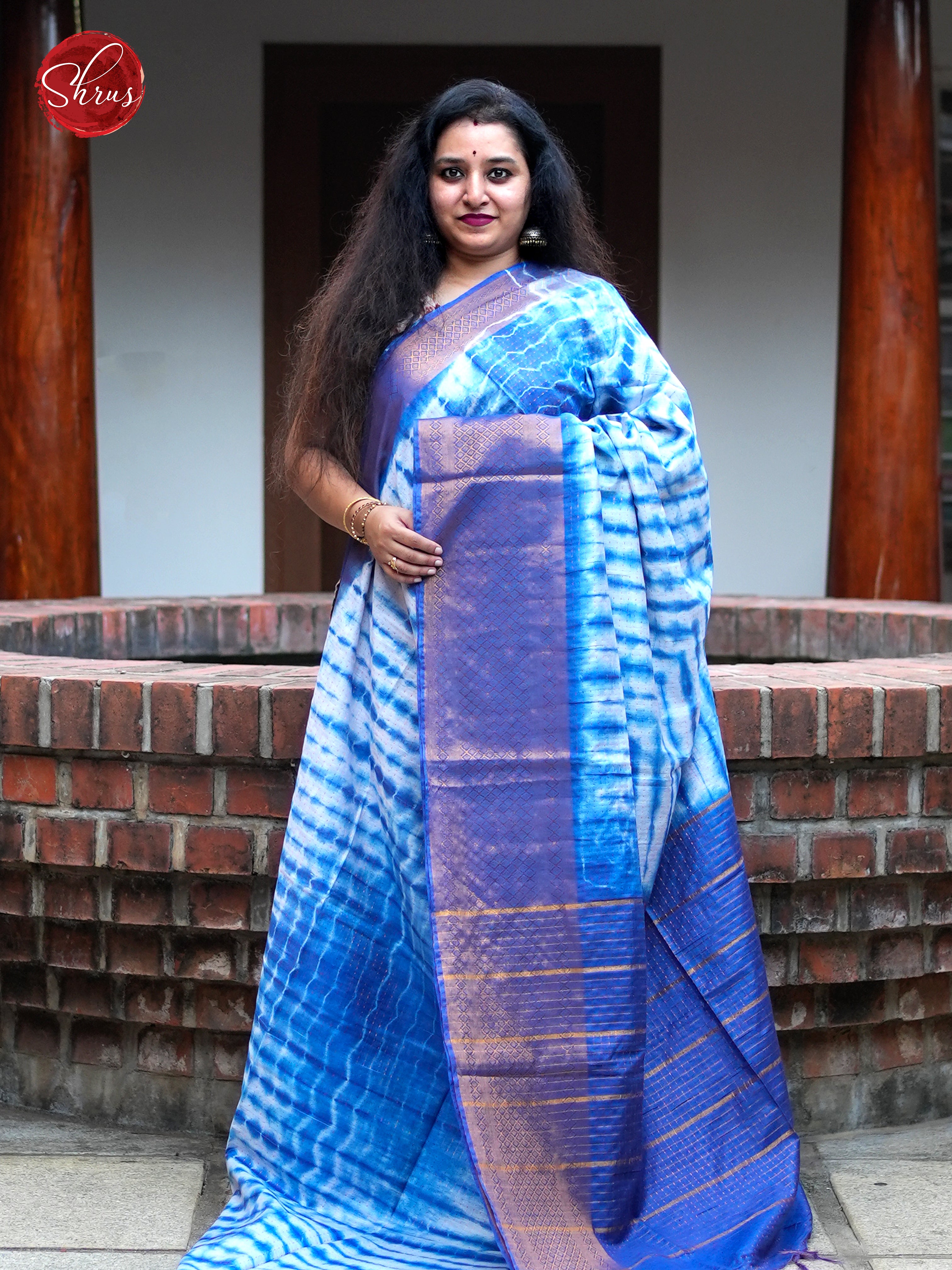 Cream & Blue - Shibori Saree - Shop on ShrusEternity.com