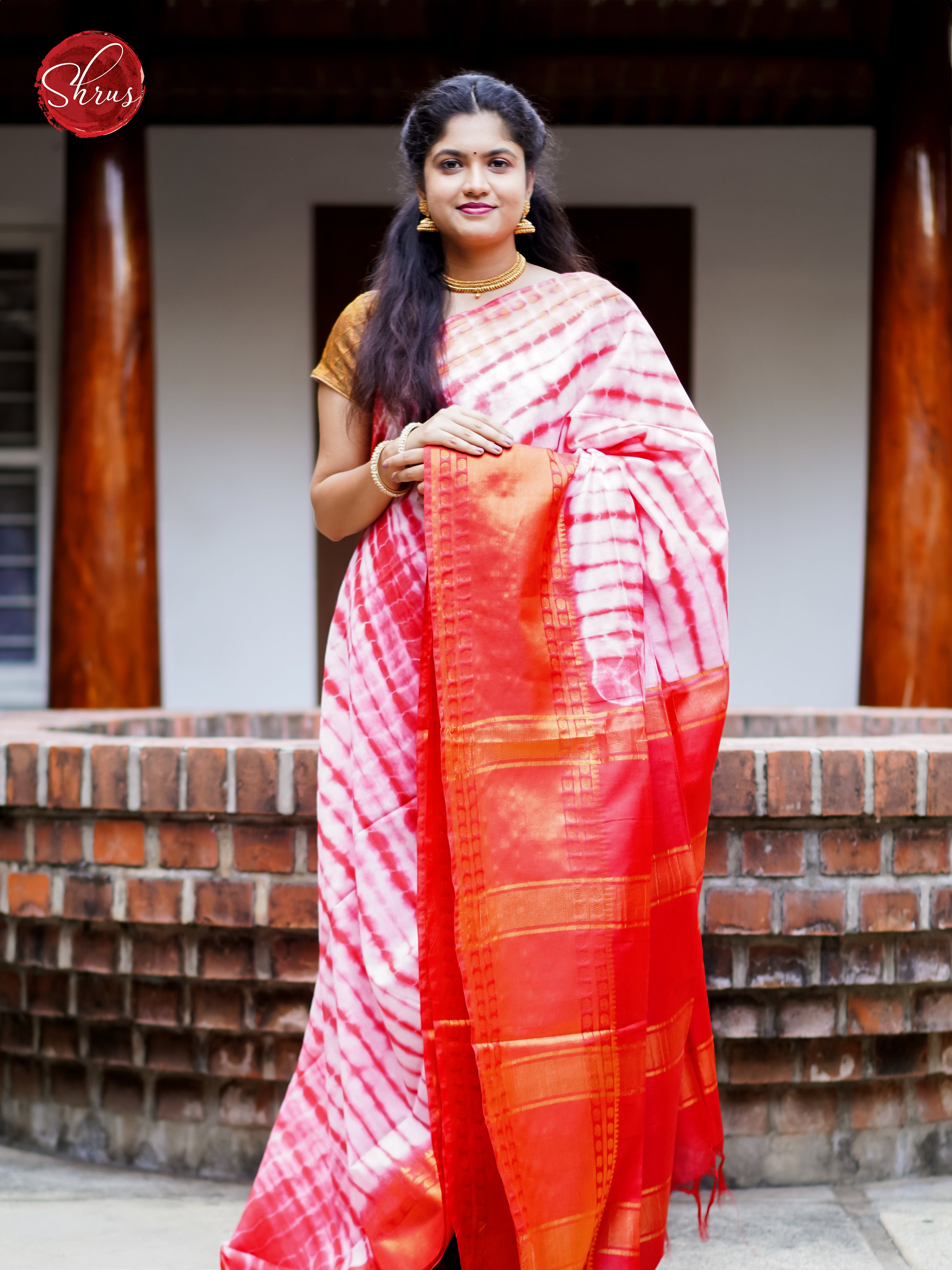 Cream & Red - Shibori Saree - Shop on ShrusEternity.com