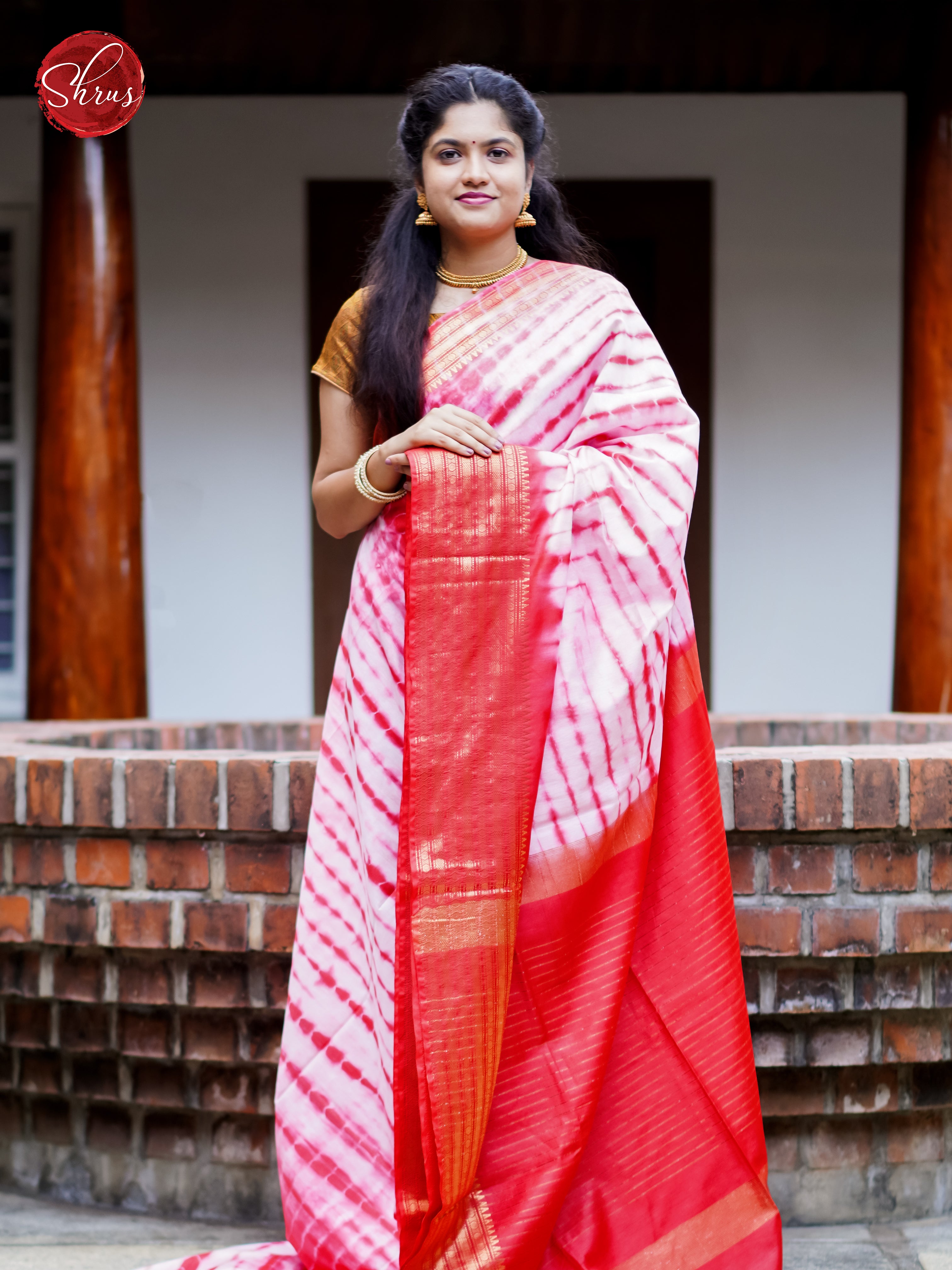 Cream & Red - Shibori Saree - Shop on ShrusEternity.com