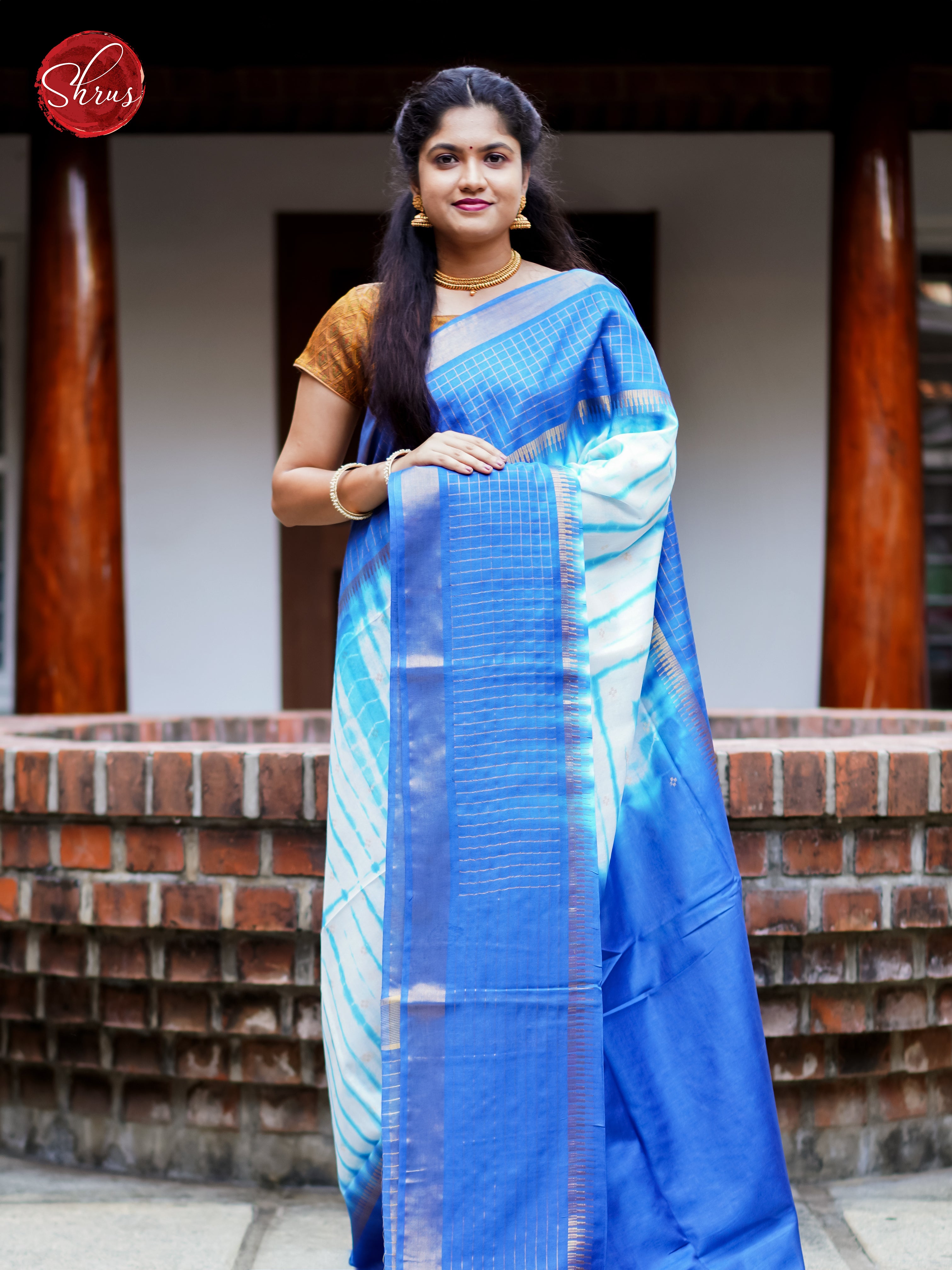 Cream & Blue- Shibori Saree - Shop on ShrusEternity.com