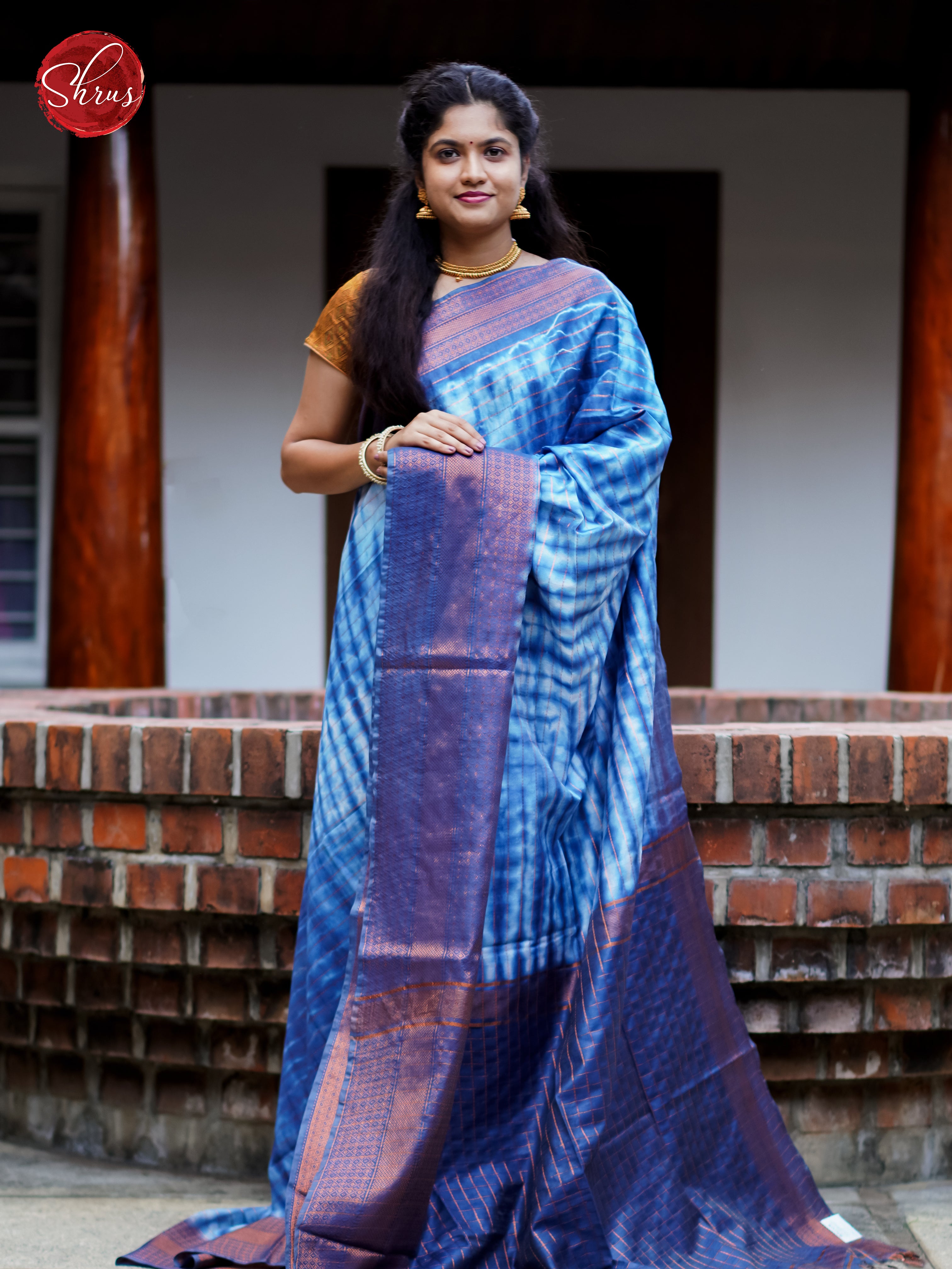 Cream & Blue - Shibori Saree - Shop on ShrusEternity.com