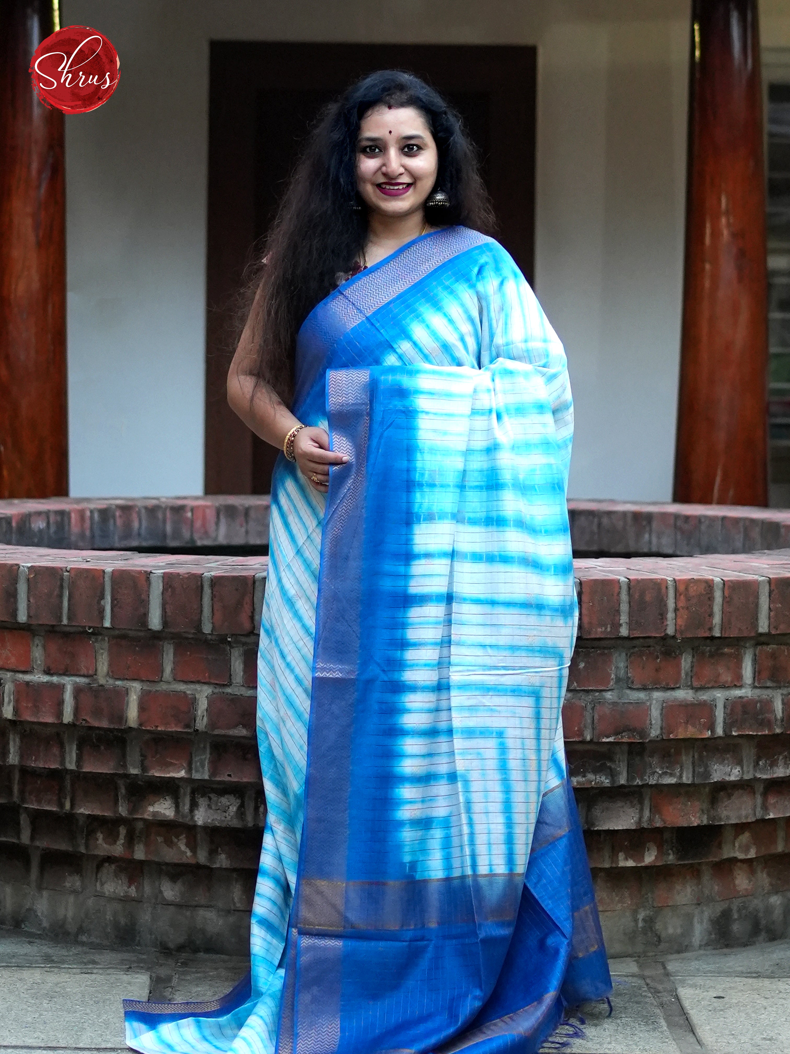 Cream & Blue - Shibori Saree - Shop on ShrusEternity.com