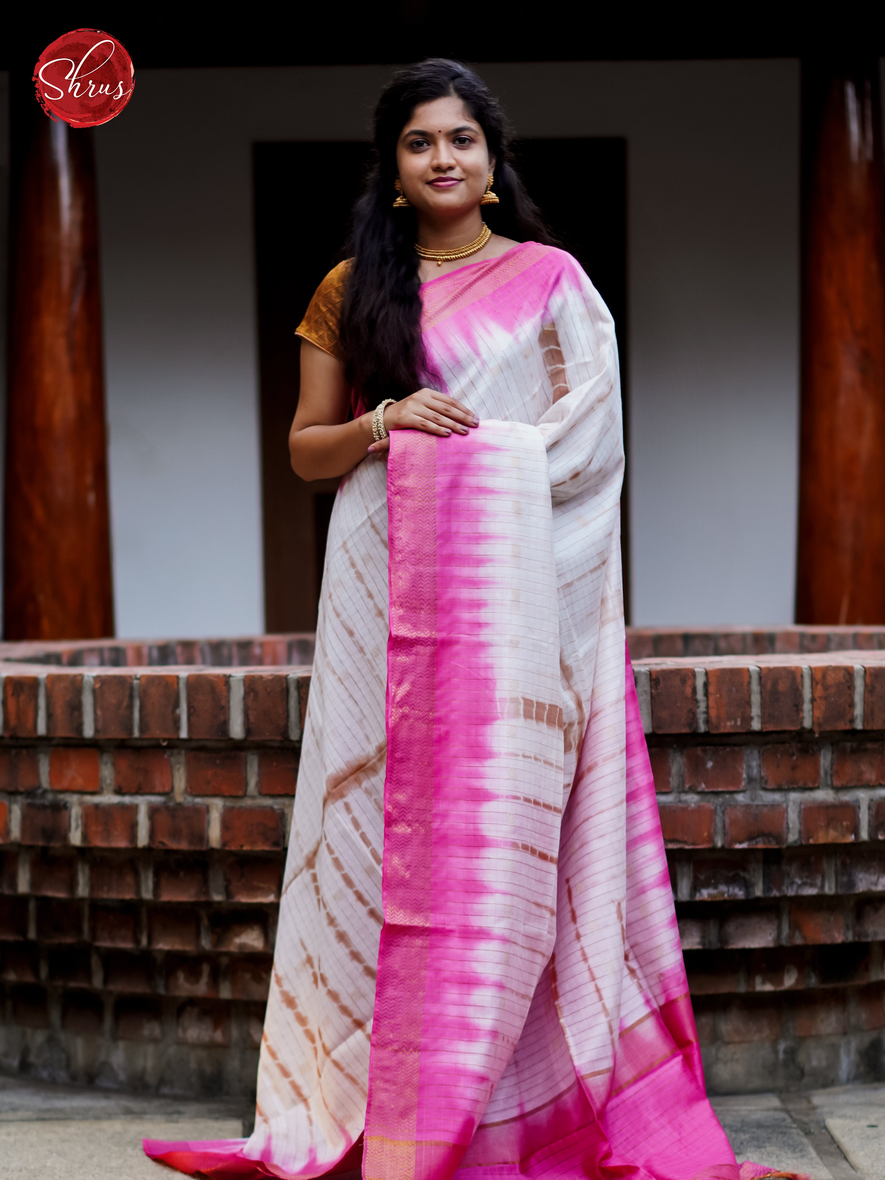 Cream & Pink - Shibori Saree - Shop on ShrusEternity.com