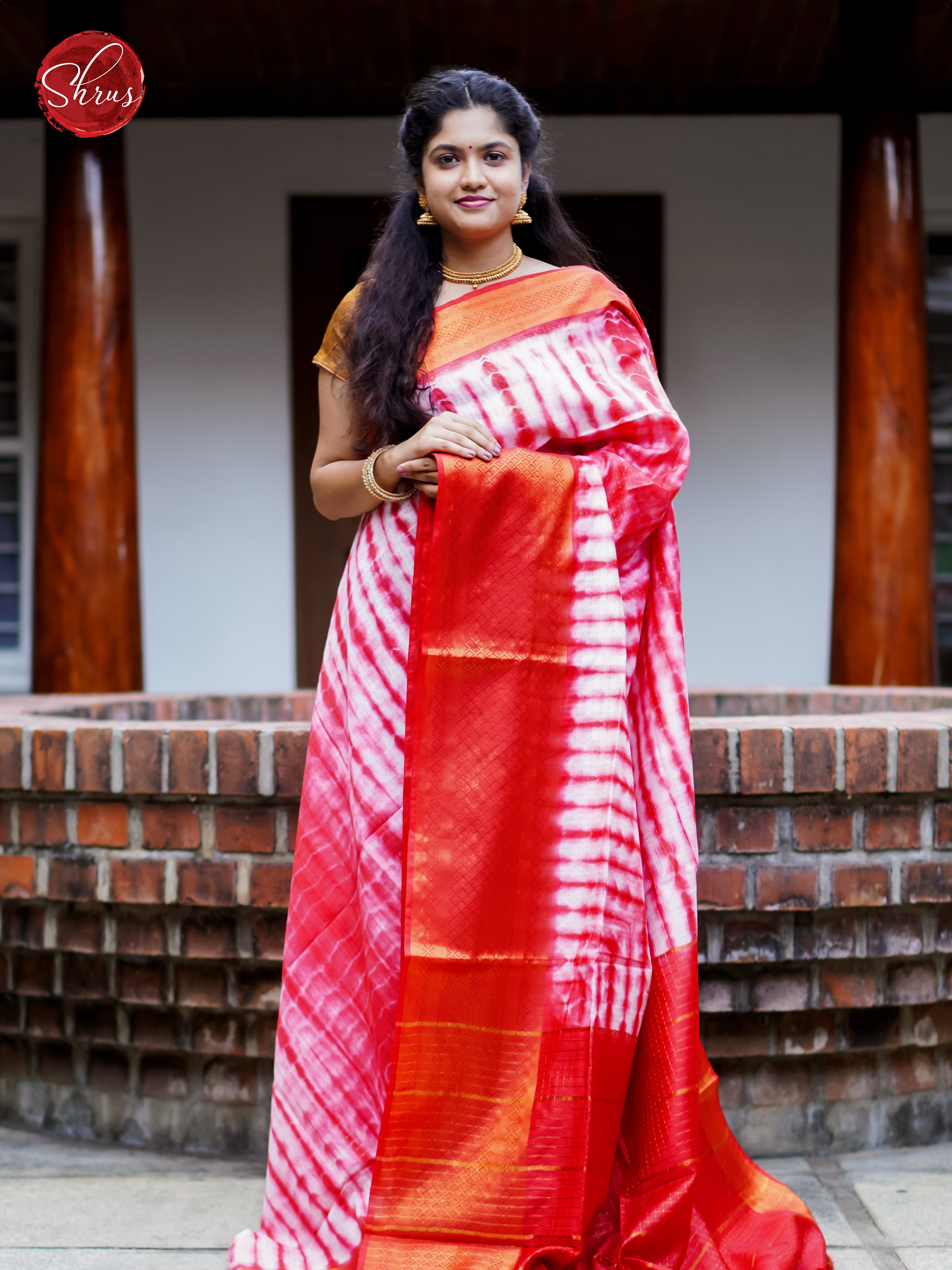 Cream & Red - Shibori Saree - Shop on ShrusEternity.com