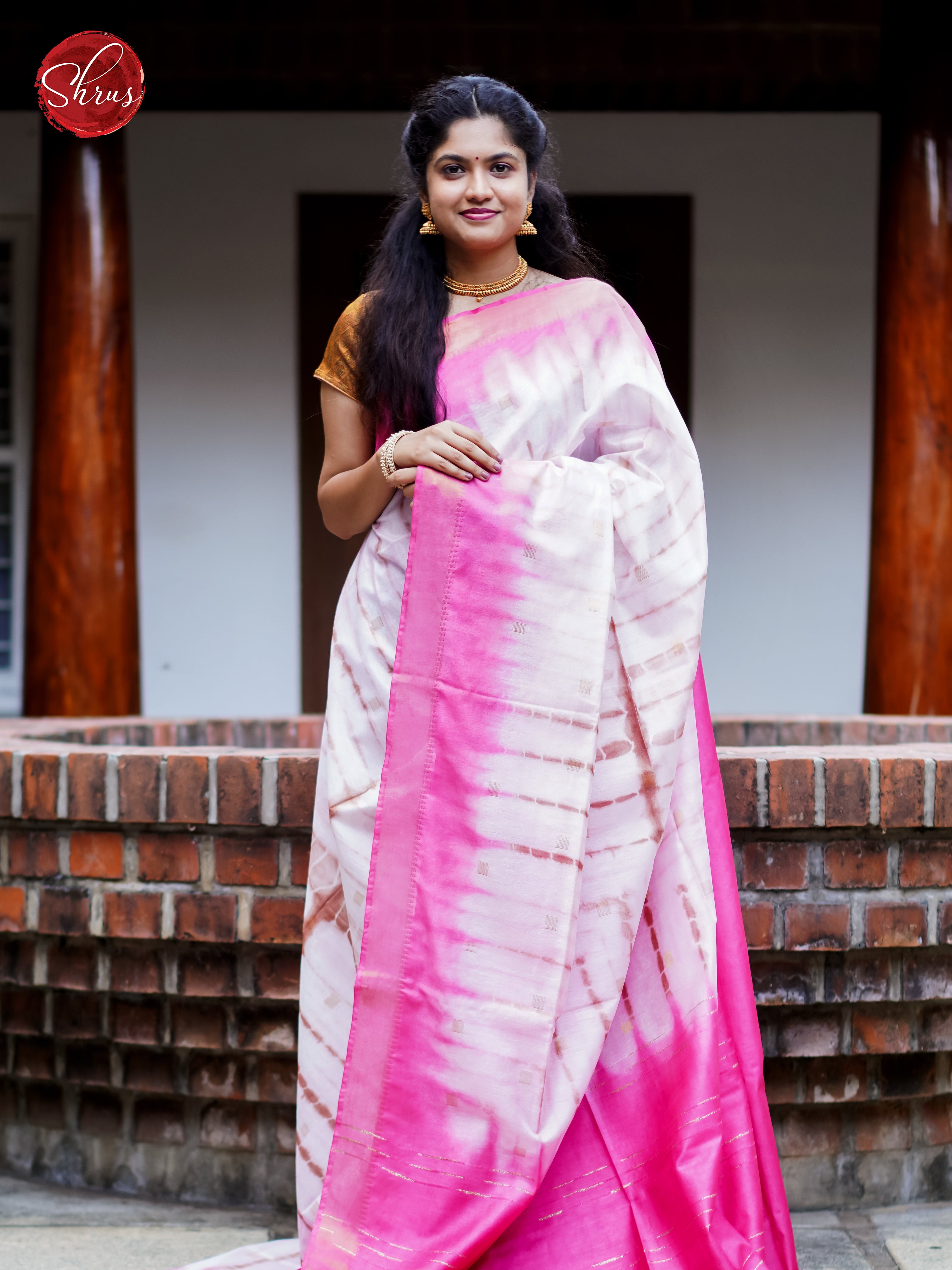 Cream & Pink - Shibori Saree - Shop on ShrusEternity.com