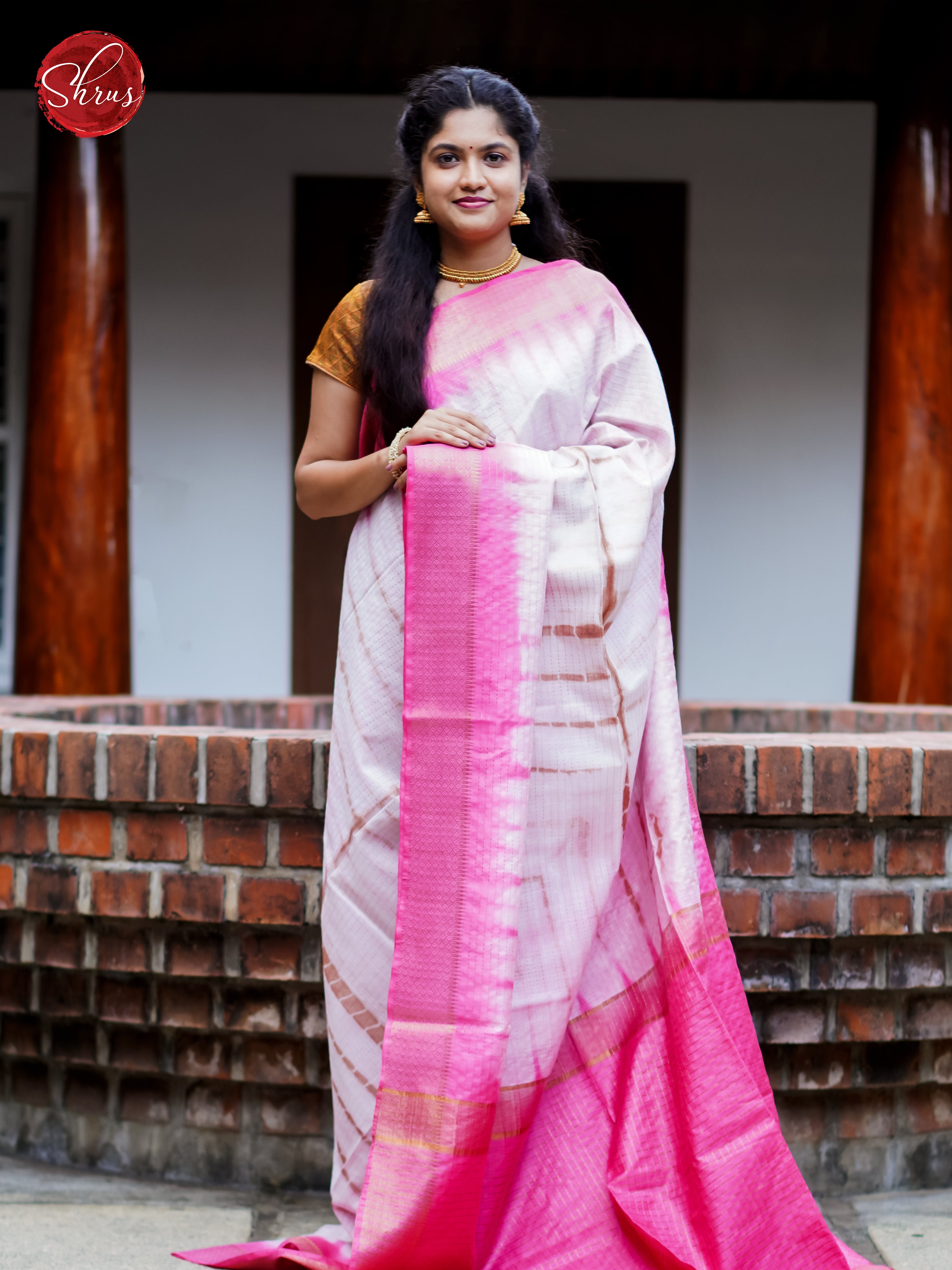 Cream & Pink - Shibori Saree - Shop on ShrusEternity.com