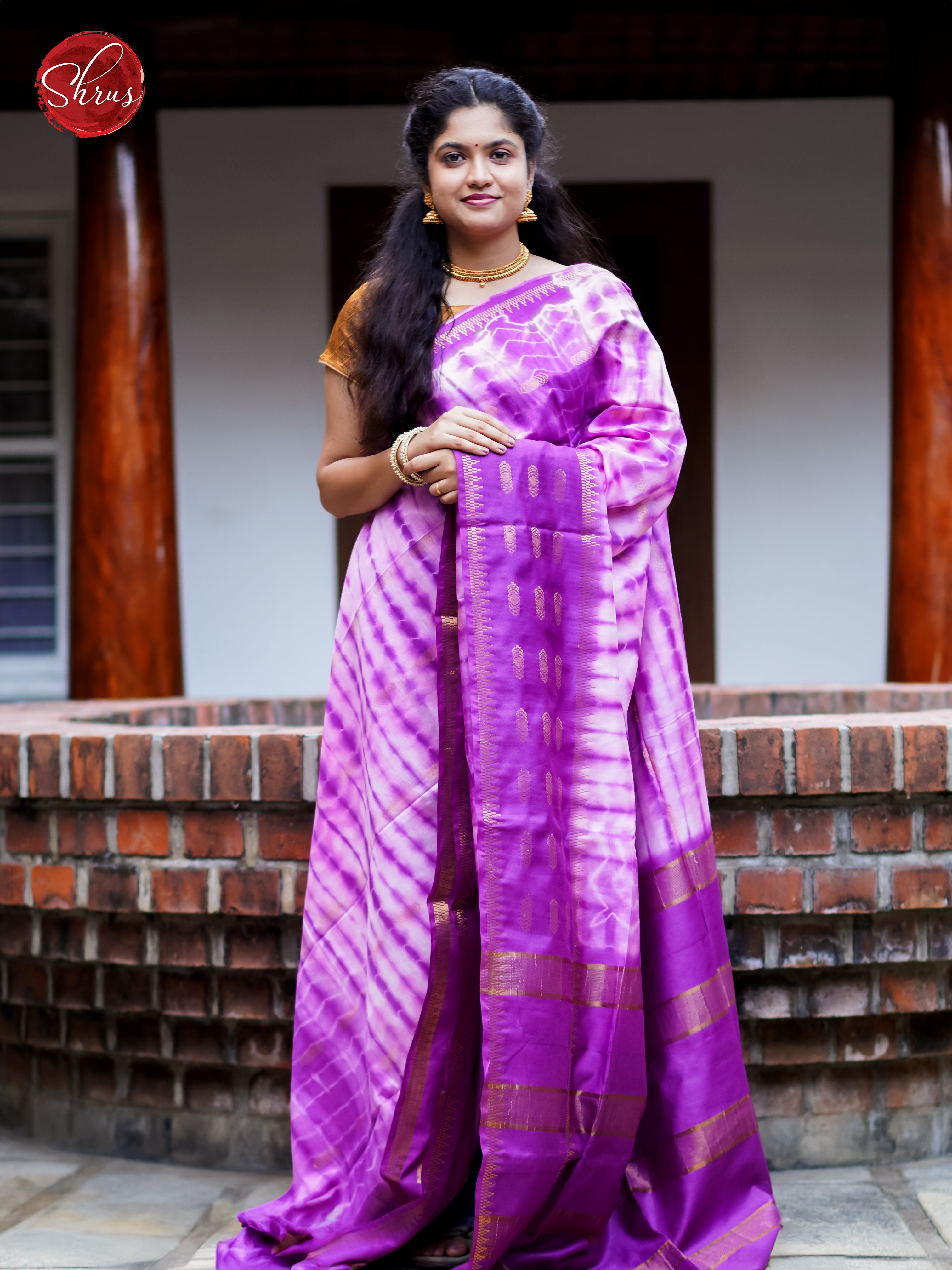 Cream & Purple - Shibori Saree - Shop on ShrusEternity.com