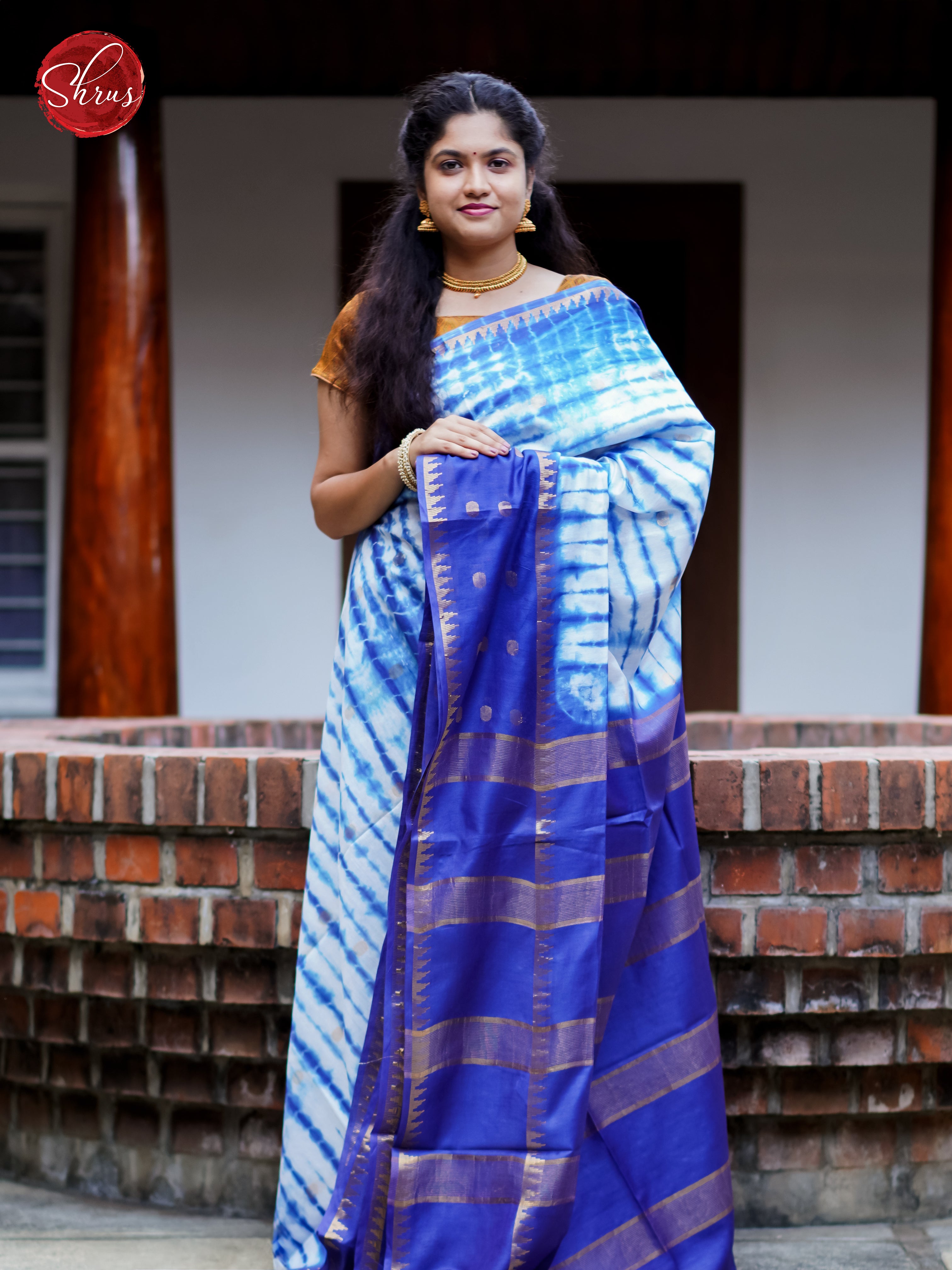 Cream & Blue - Shibori Saree - Shop on ShrusEternity.com