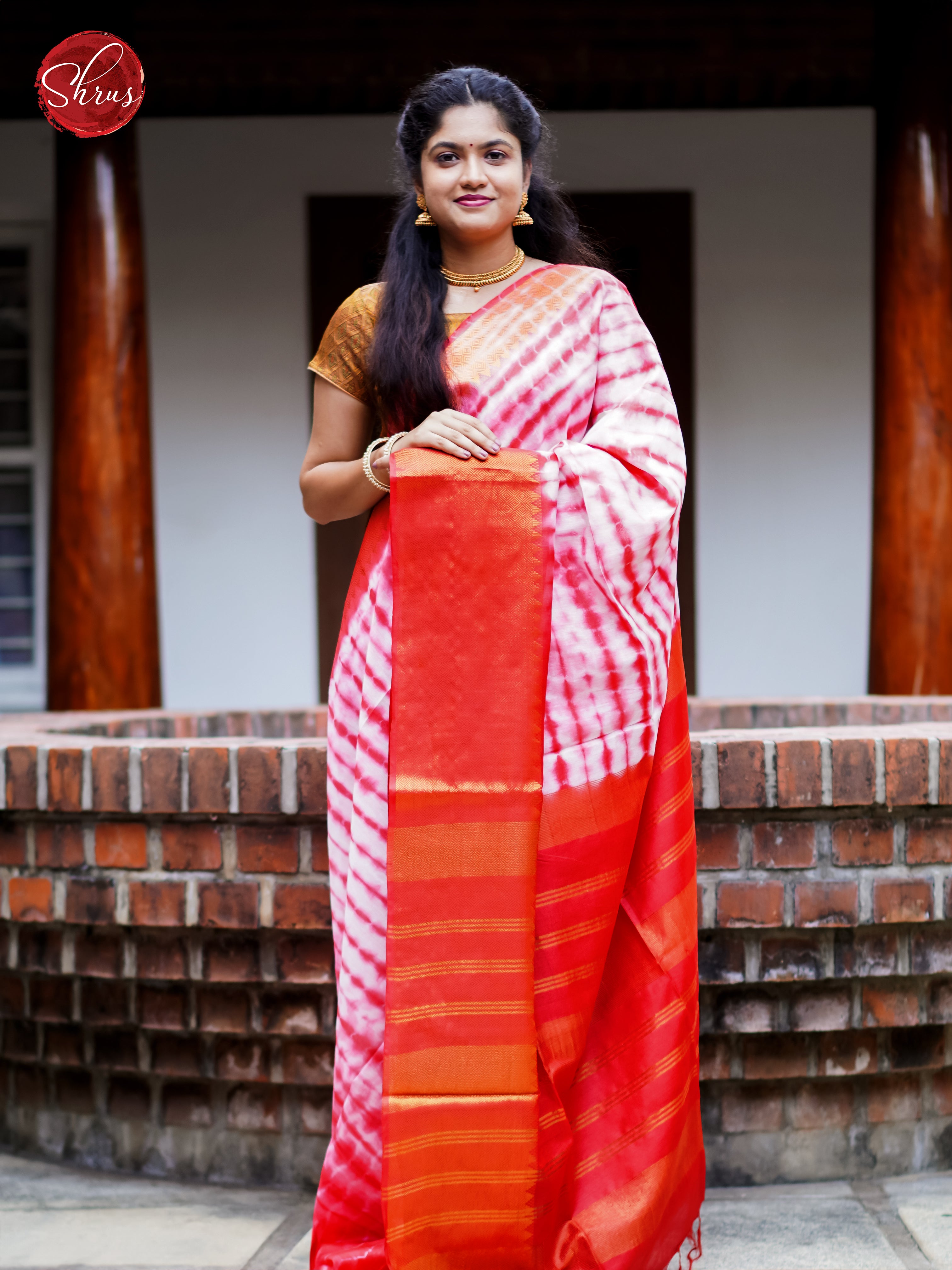 Cream & Red - Shibori Saree - Shop on ShrusEternity.com