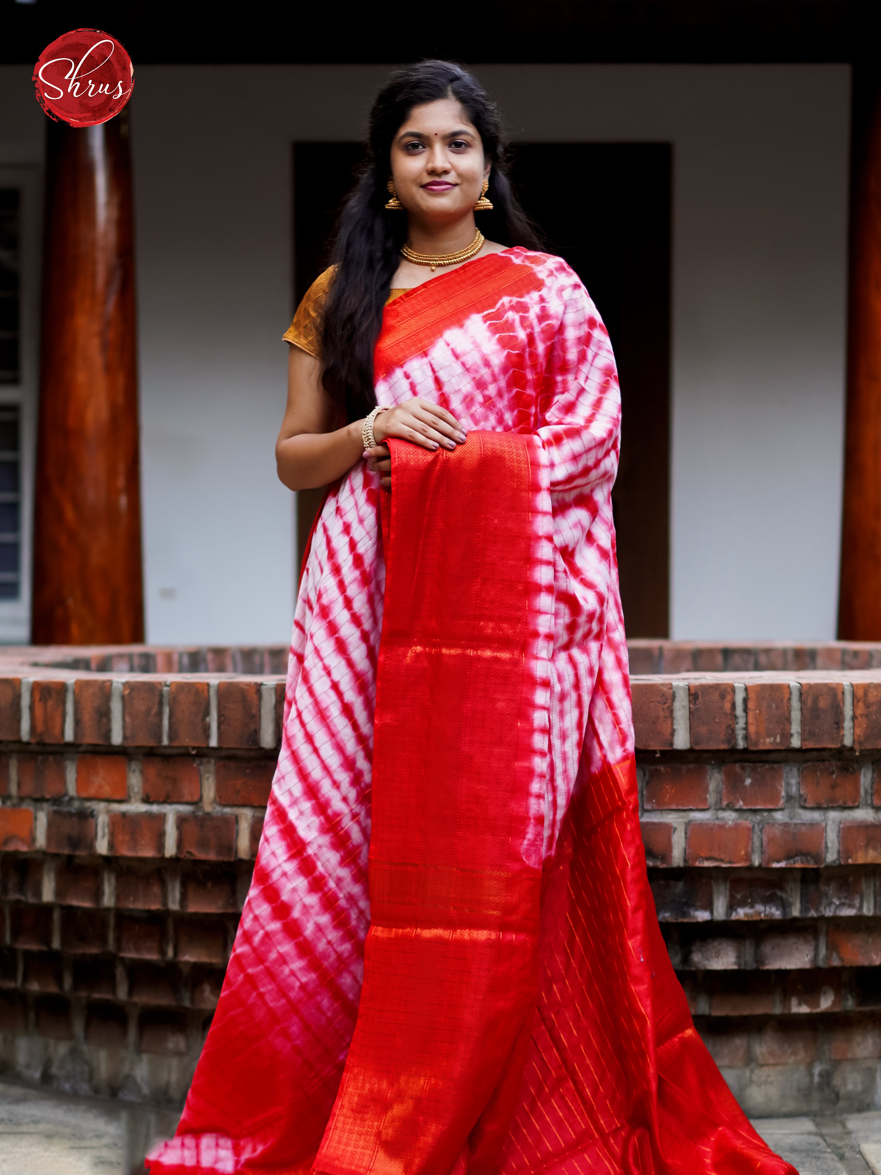 Cream & Red - Shibori Saree - Shop on ShrusEternity.com